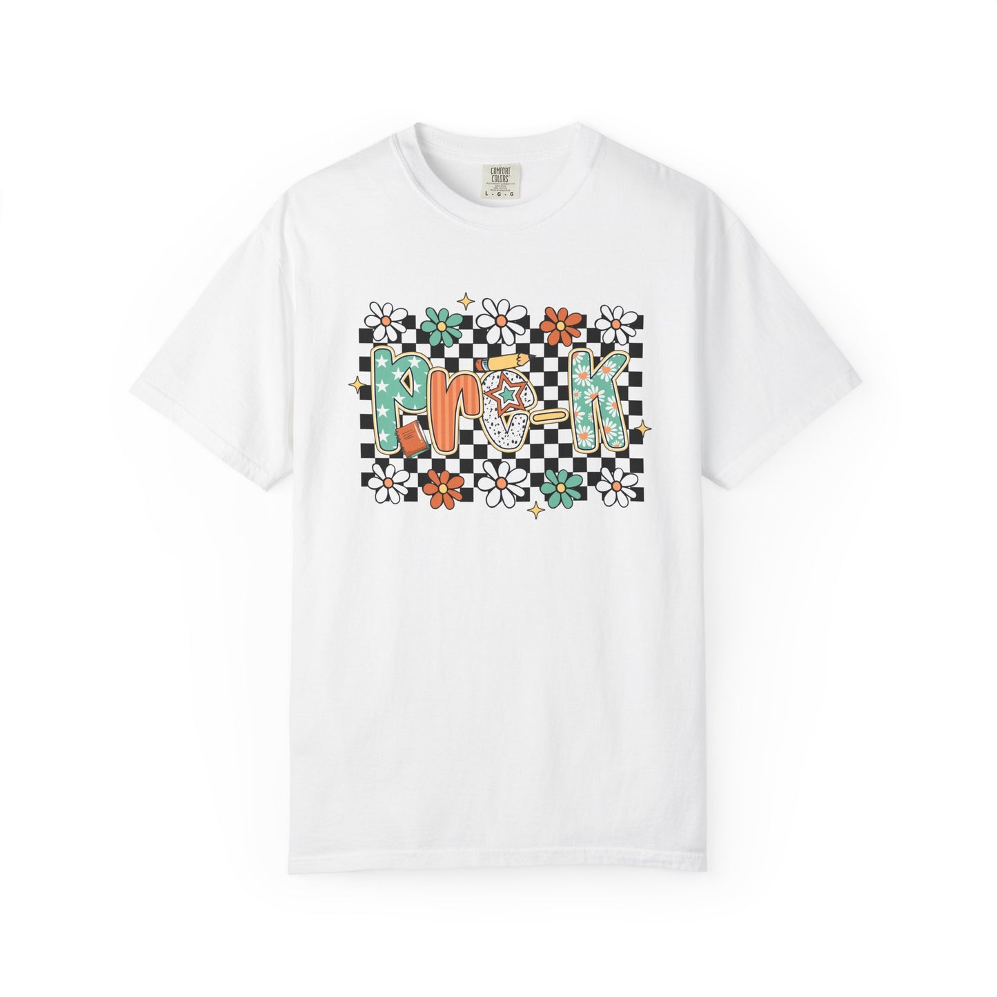 White t-shirt with colorful graphic design on a white background