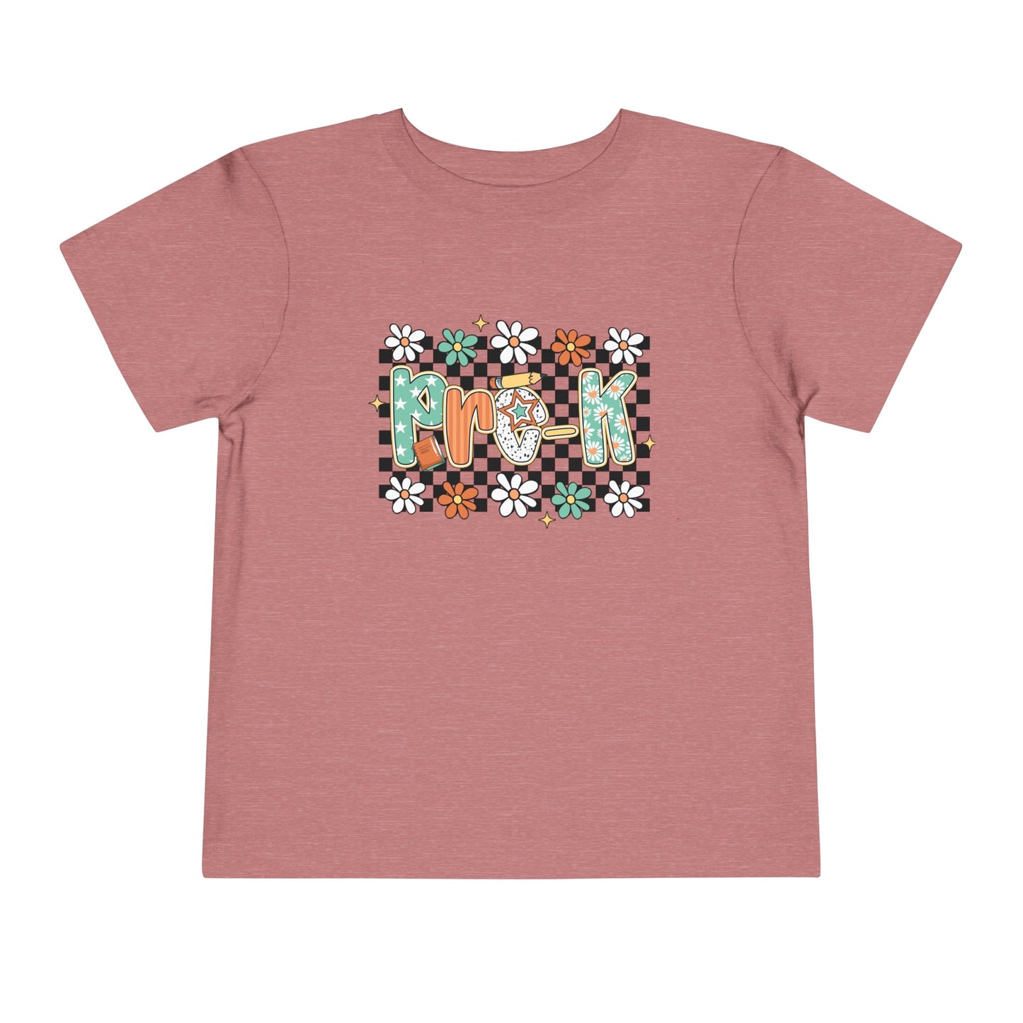 Pink t-shirt with colorful graphic design on a white background