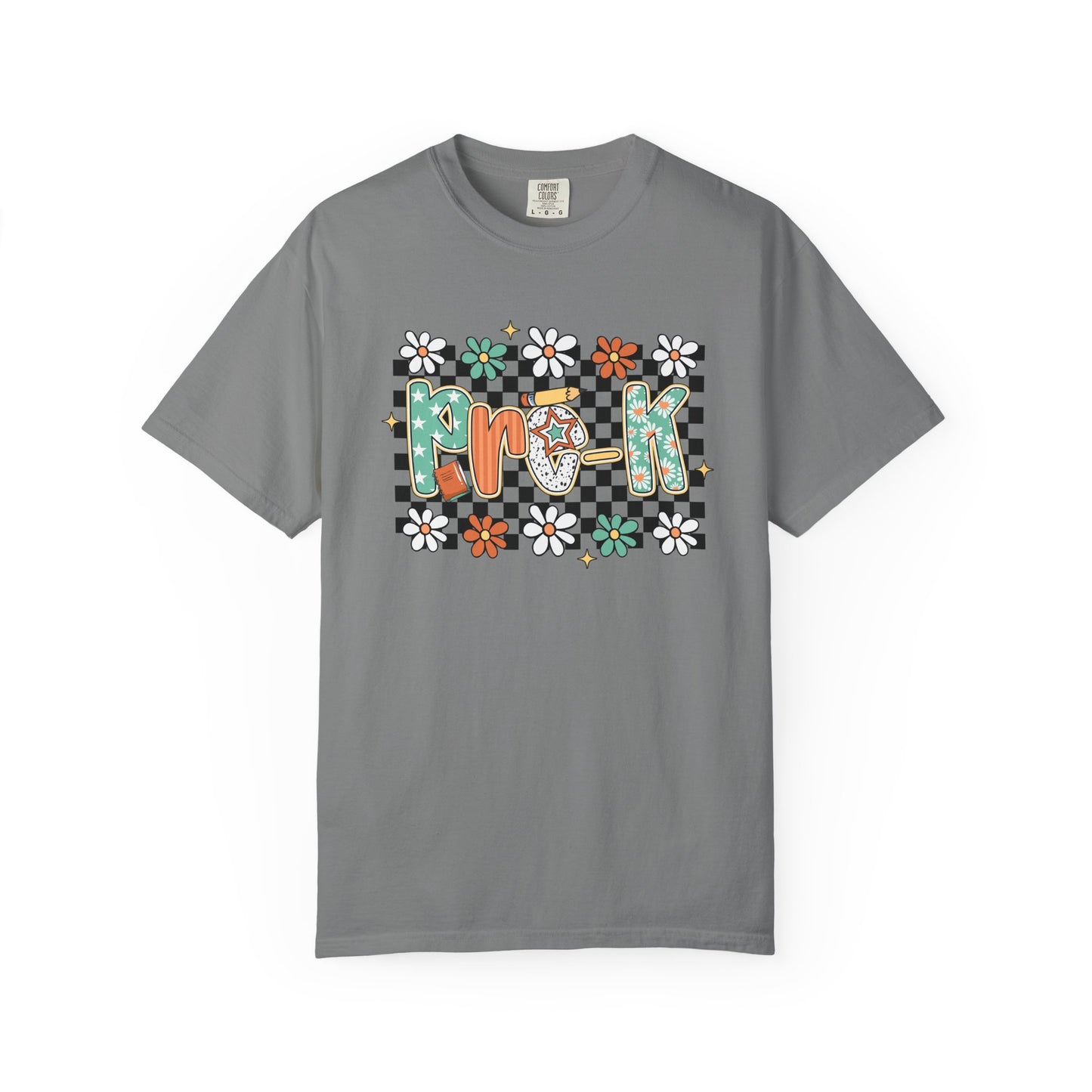 Gray t-shirt with colorful 'Pro-K' design on a white background