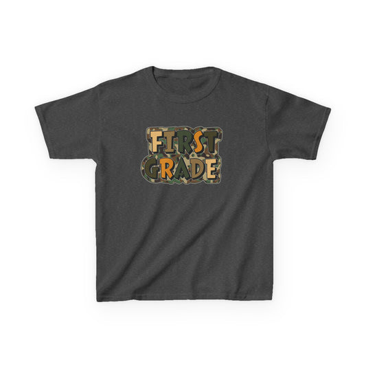 Dark gray t-shirt with 'FIRST GRADE' in colorful letters on a white background