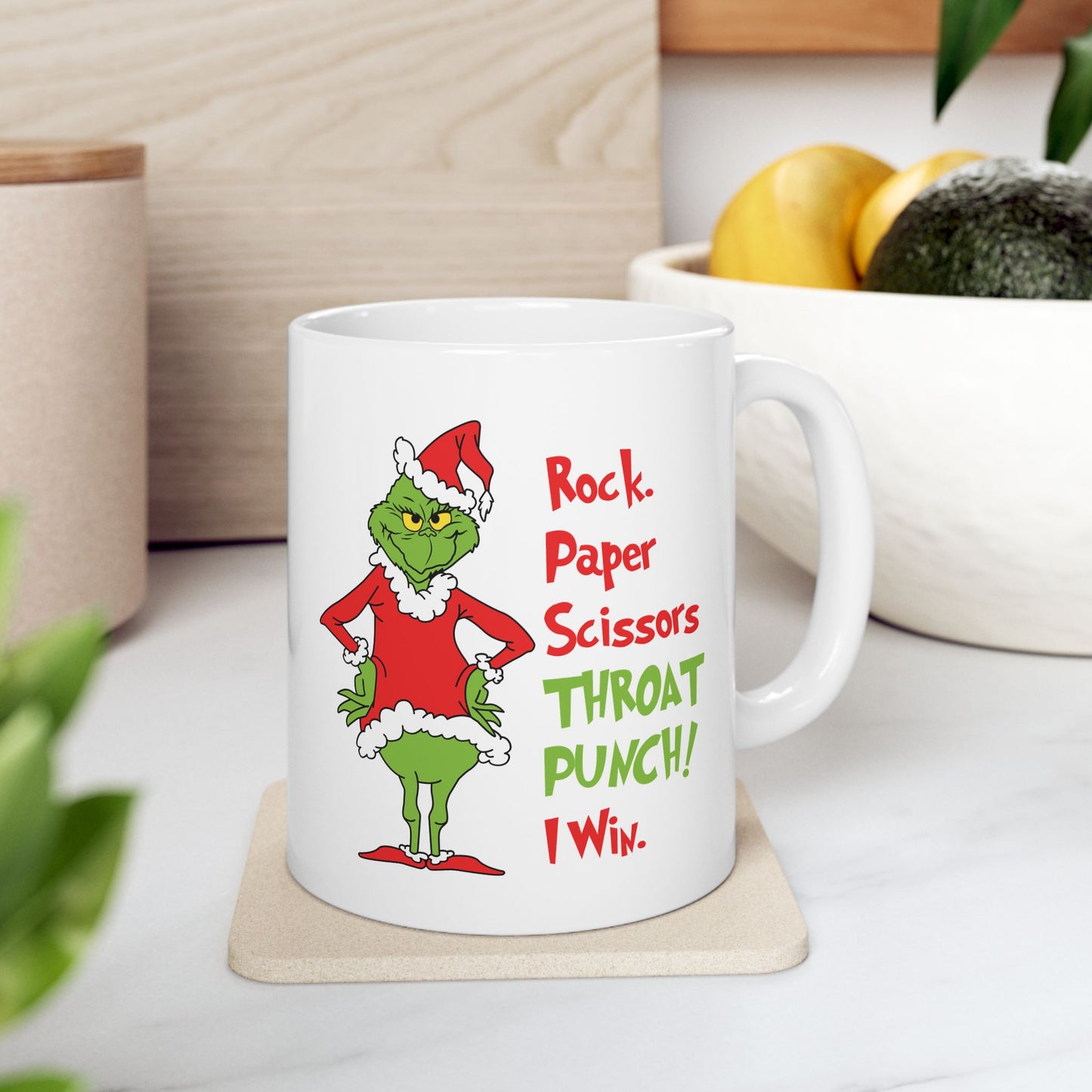 Grinch Ceramic Mug, (11oz, 15oz) / Rock Paper Scissors Throat Punch! I win.