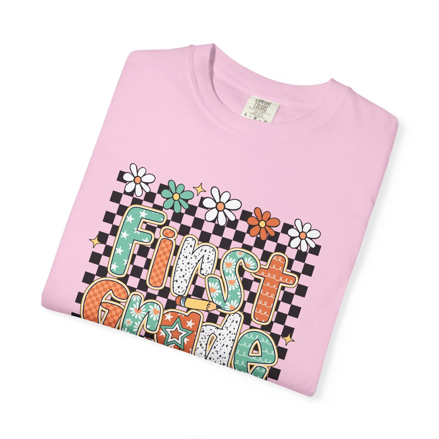 Fun First Grade T-Shirt, Cute Back to School Shirt, Gift for Kids, Unisex Tee, Flower and Checkered Design