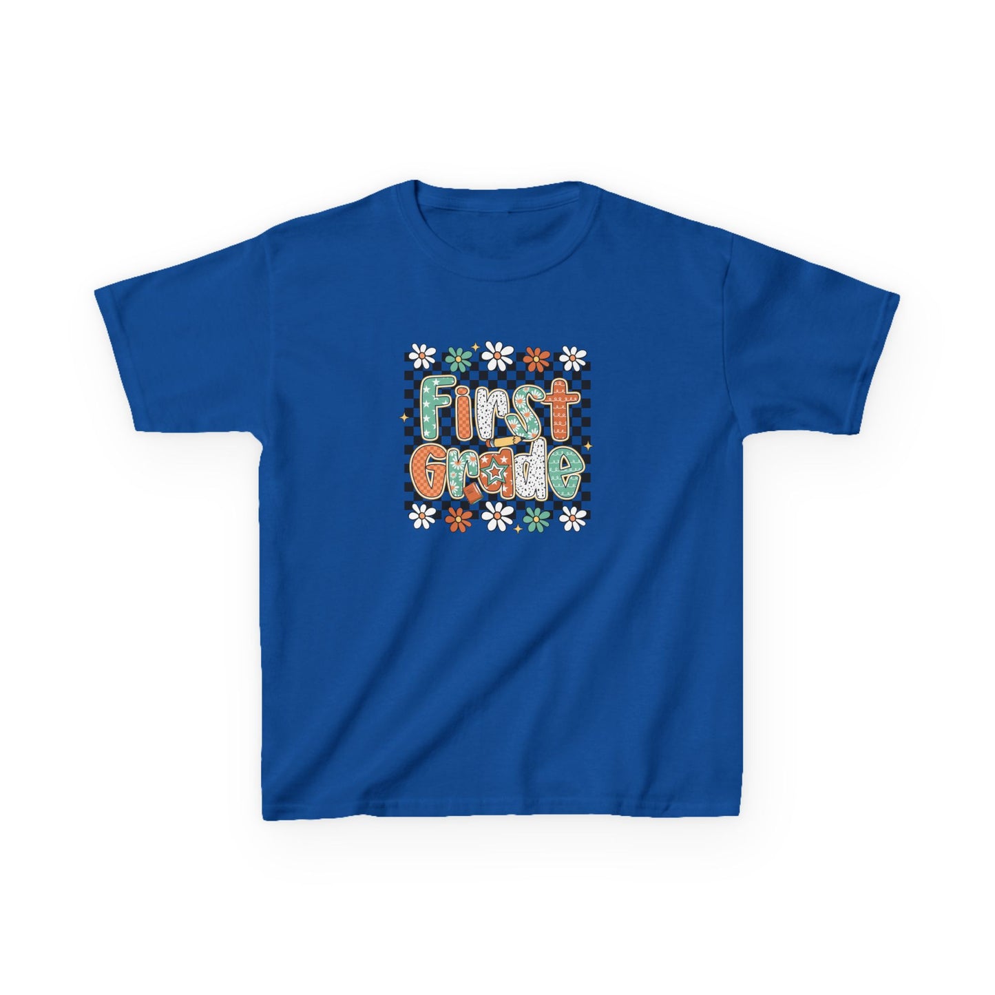 Blue t-shirt with 'First Grade' text and floral designs on a white background
