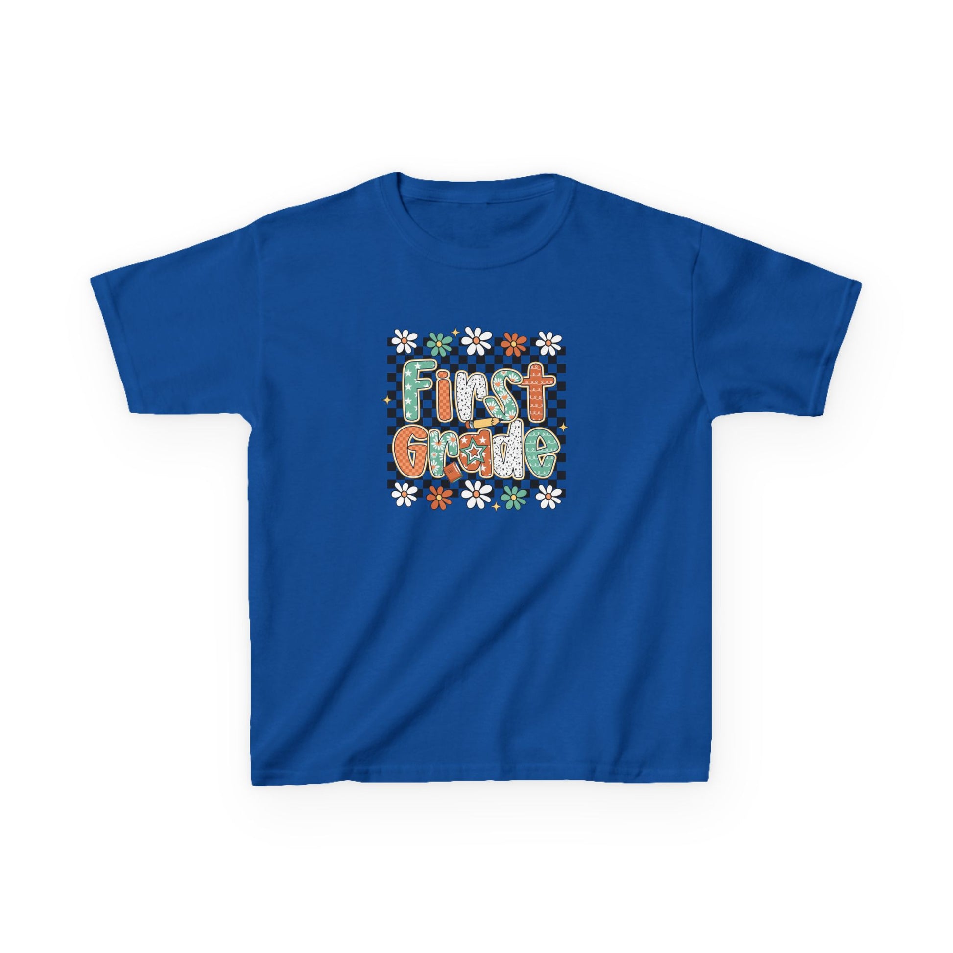 Blue t-shirt with 'First Grade' text and floral designs on a white background