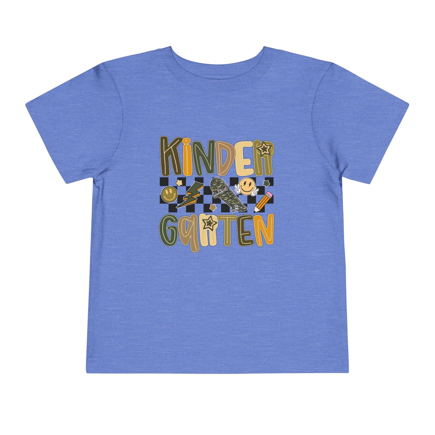 Blue t-shirt with 'Kindergarten' text and graphics on a white background
