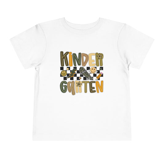 White t-shirt with 'Kindergarten' text and checkered design on a white background