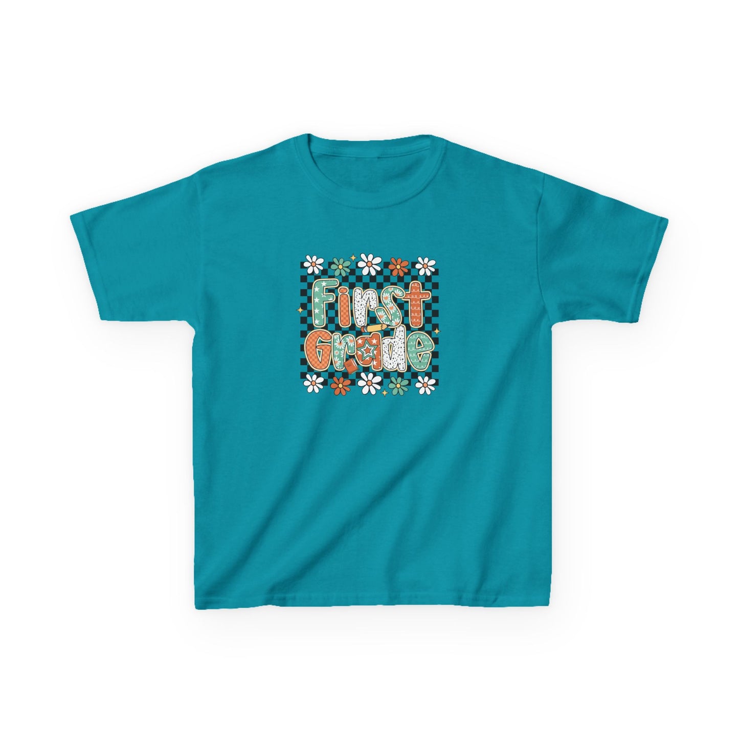 Teal t-shirt with 'First Grade' text and floral design on a white background