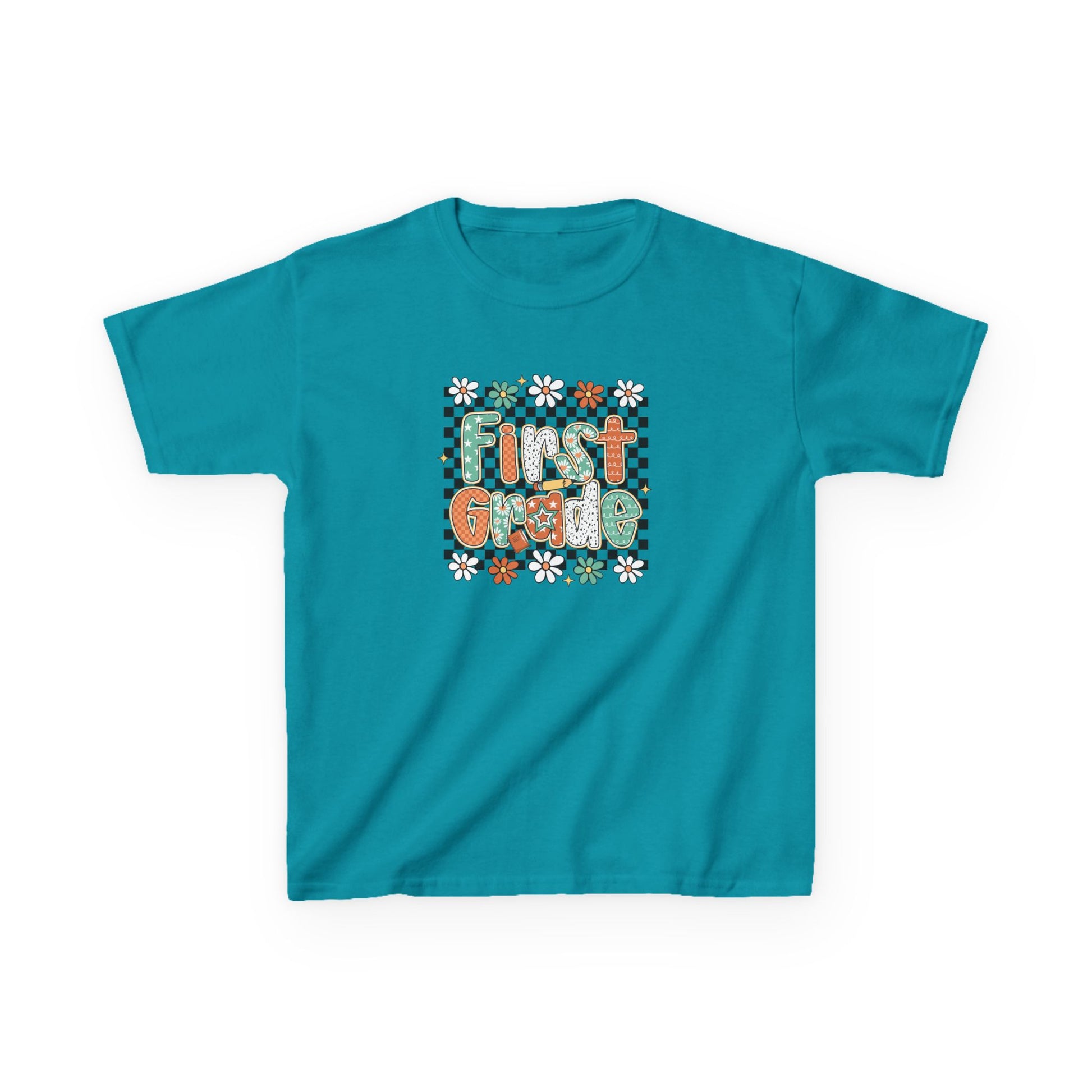 Teal t-shirt with 'First Grade' text and floral design on a white background