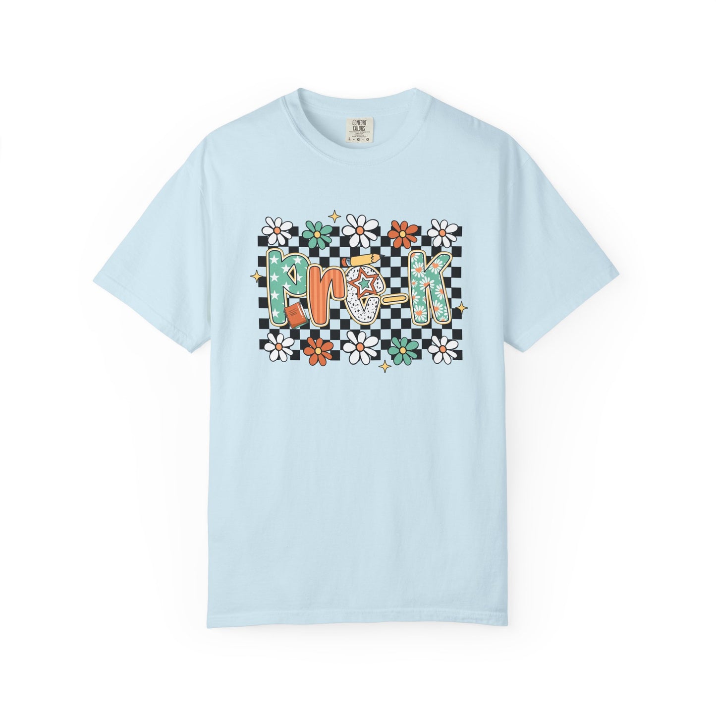 Light blue t-shirt with colorful graphic design on a white background