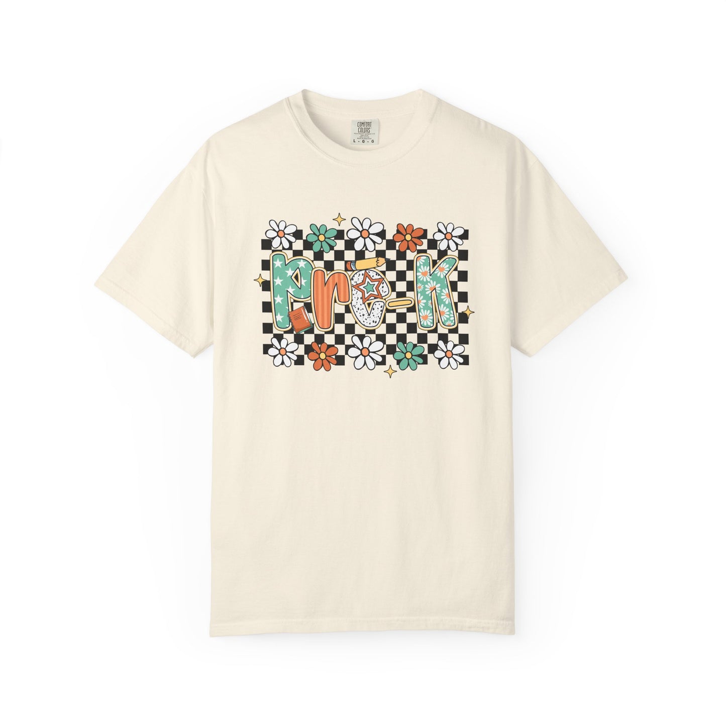 Beige t-shirt with colorful 'NICK' design on a white background