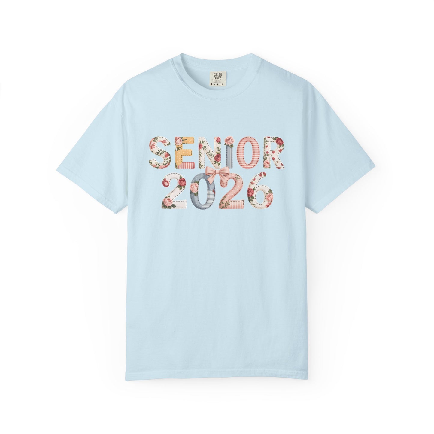 Light blue t-shirt with 'Senior 2026' text on a white background