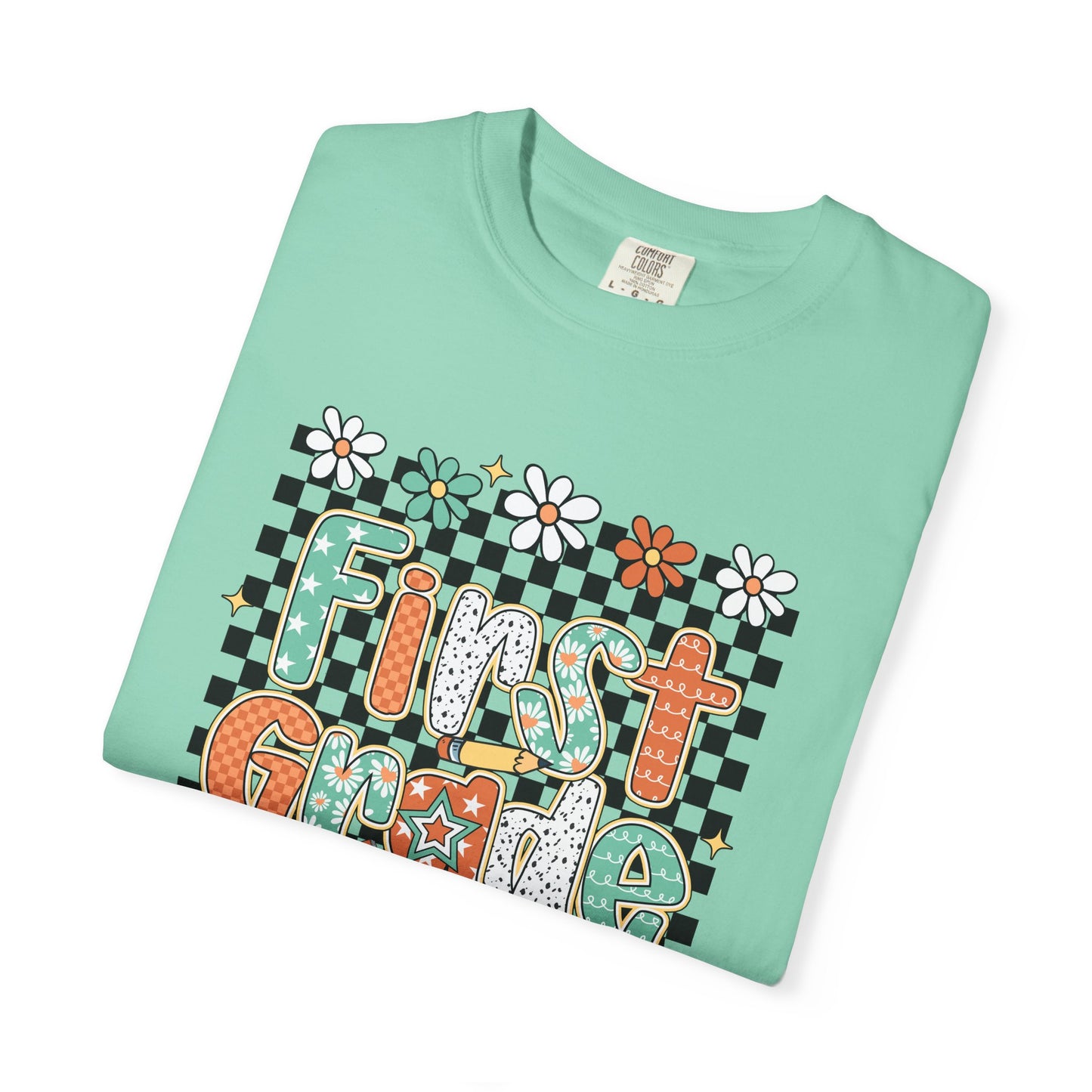 Fun First Grade T-Shirt, Cute Back to School Shirt, Gift for Kids, Unisex Tee, Flower and Checkered Design