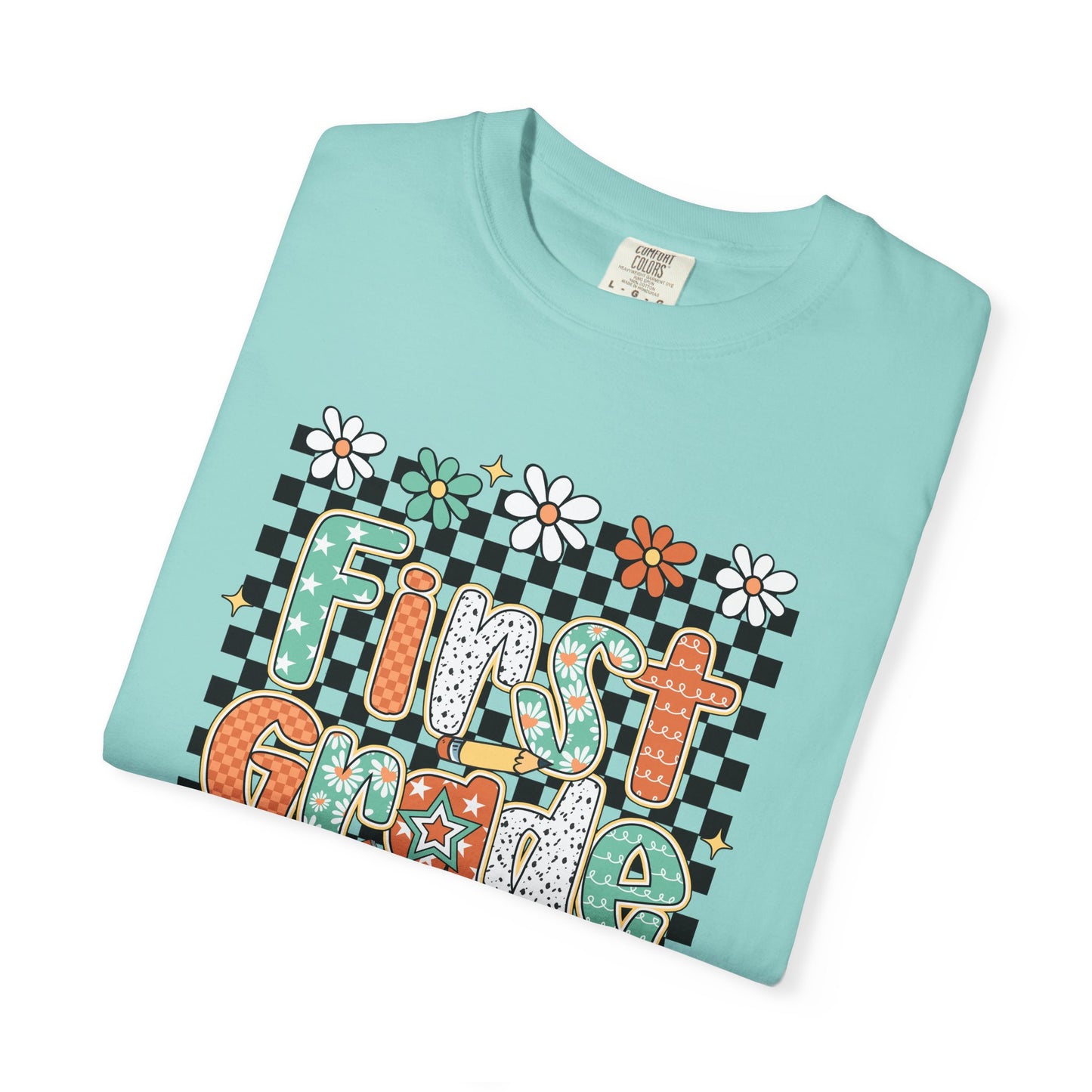 Fun First Grade T-Shirt, Cute Back to School Shirt, Gift for Kids, Unisex Tee, Flower and Checkered Design