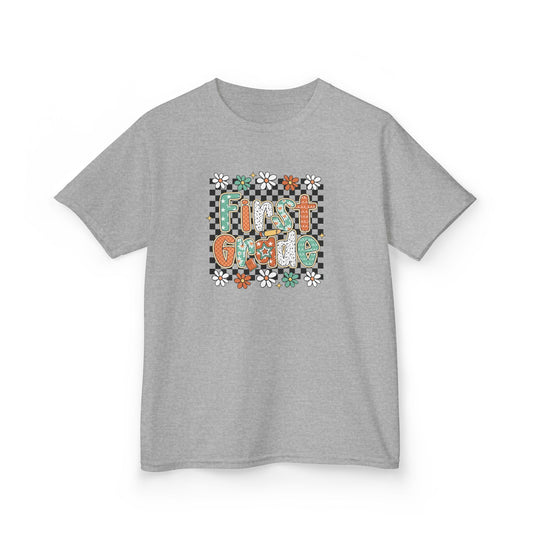 Gray t-shirt with 'First Grade' design on a white background