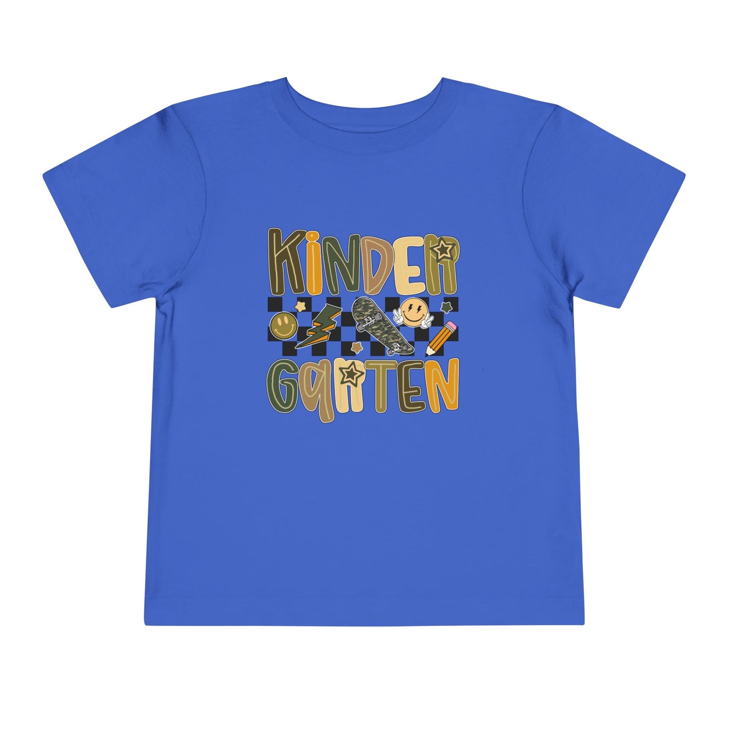 Blue t-shirt with 'Kinder Gartен' text and graphics on a white background