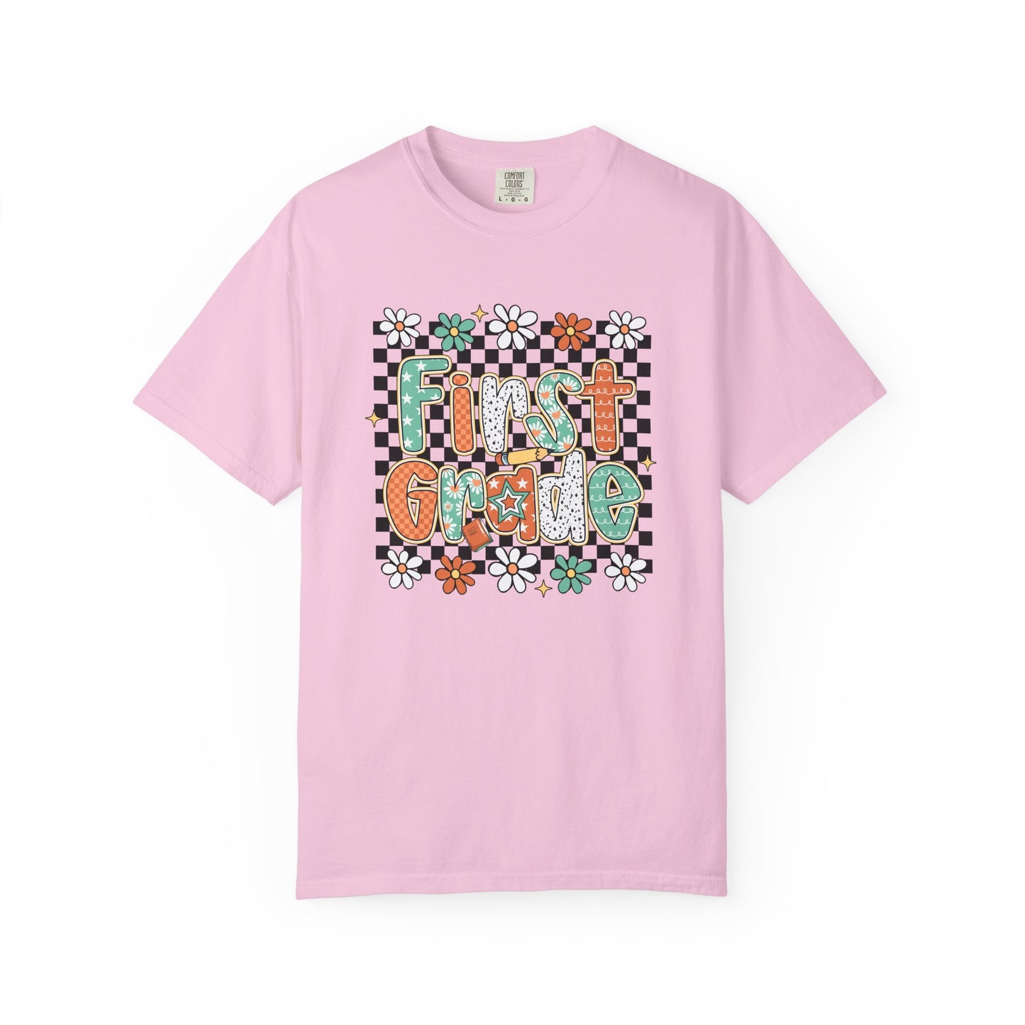 Fun First Grade T-Shirt, Cute Back to School Shirt, Gift for Kids, Unisex Tee, Flower and Checkered Design