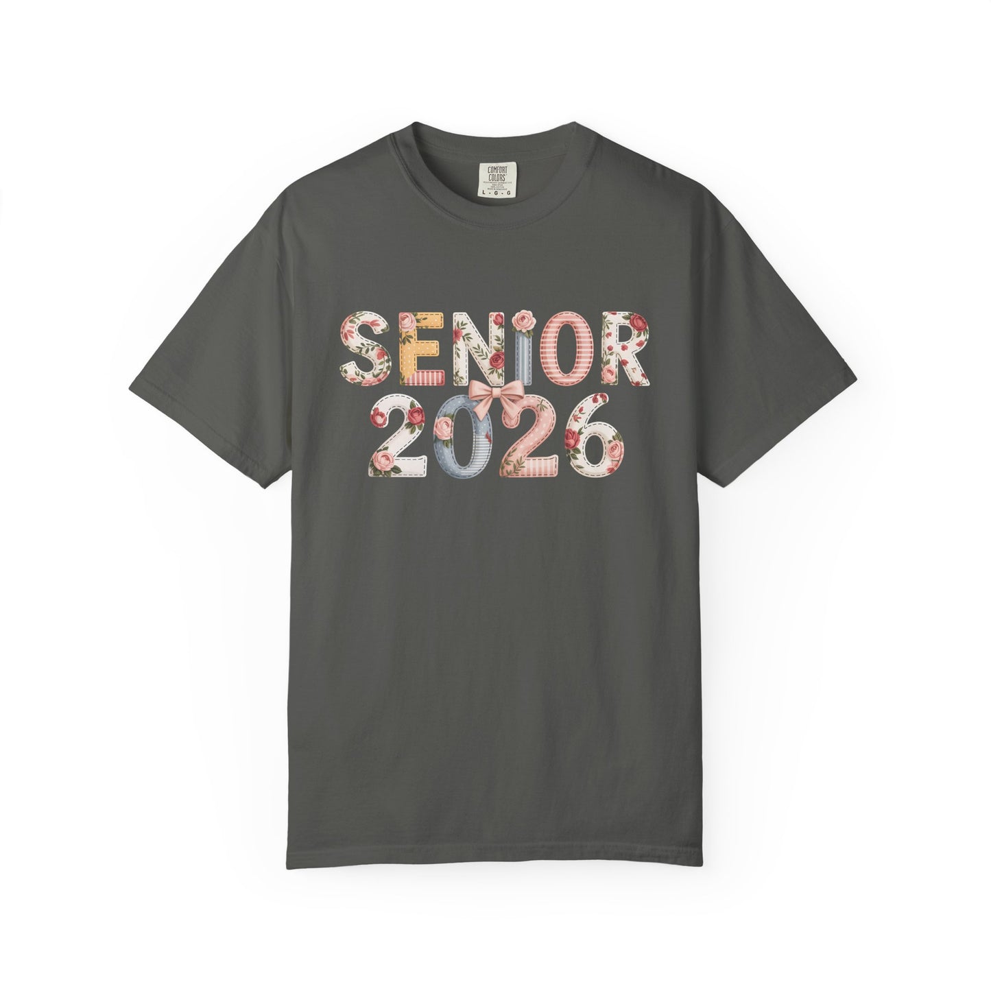 Gray t-shirt with 'Senior 2026' text on a white background