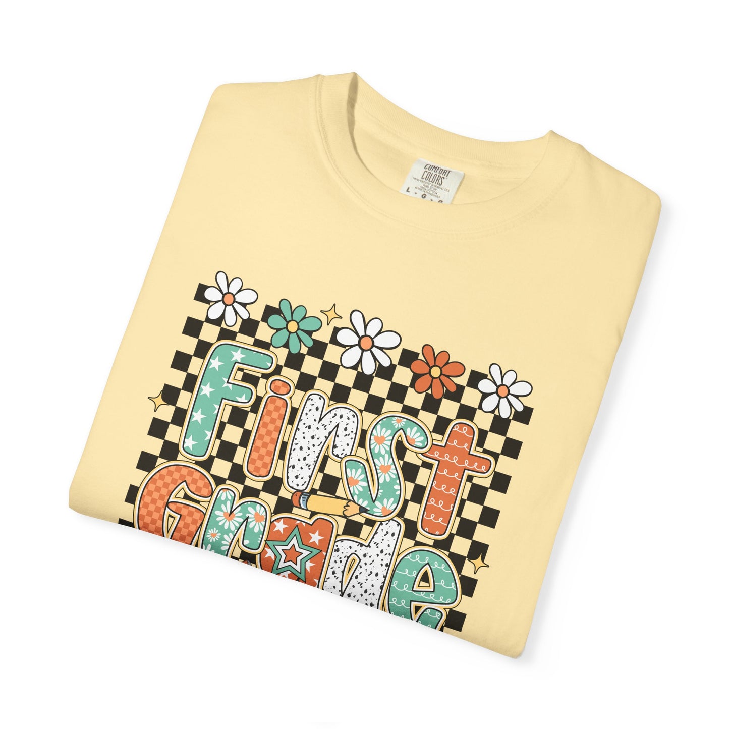 Fun First Grade T-Shirt, Cute Back to School Shirt, Gift for Kids, Unisex Tee, Flower and Checkered Design