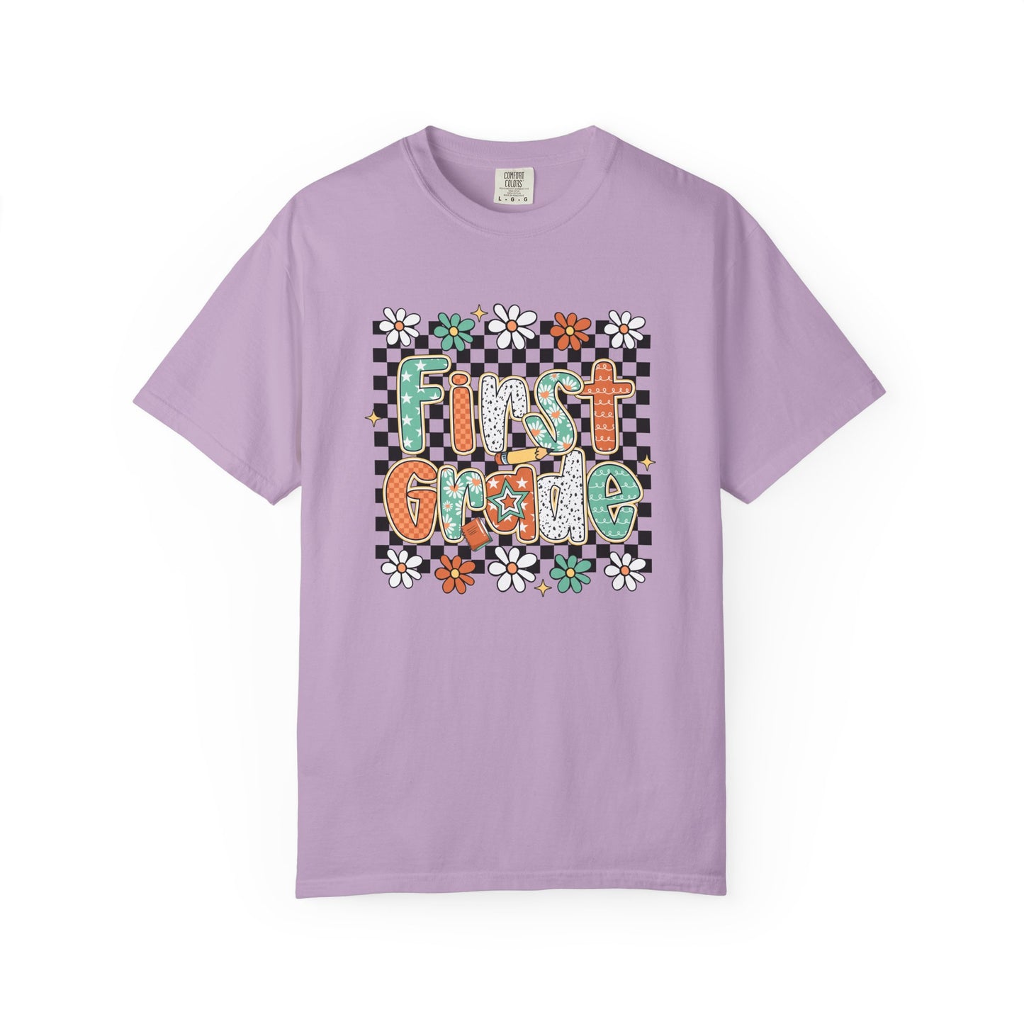 Fun First Grade T-Shirt, Cute Back to School Shirt, Gift for Kids, Unisex Tee, Flower and Checkered Design
