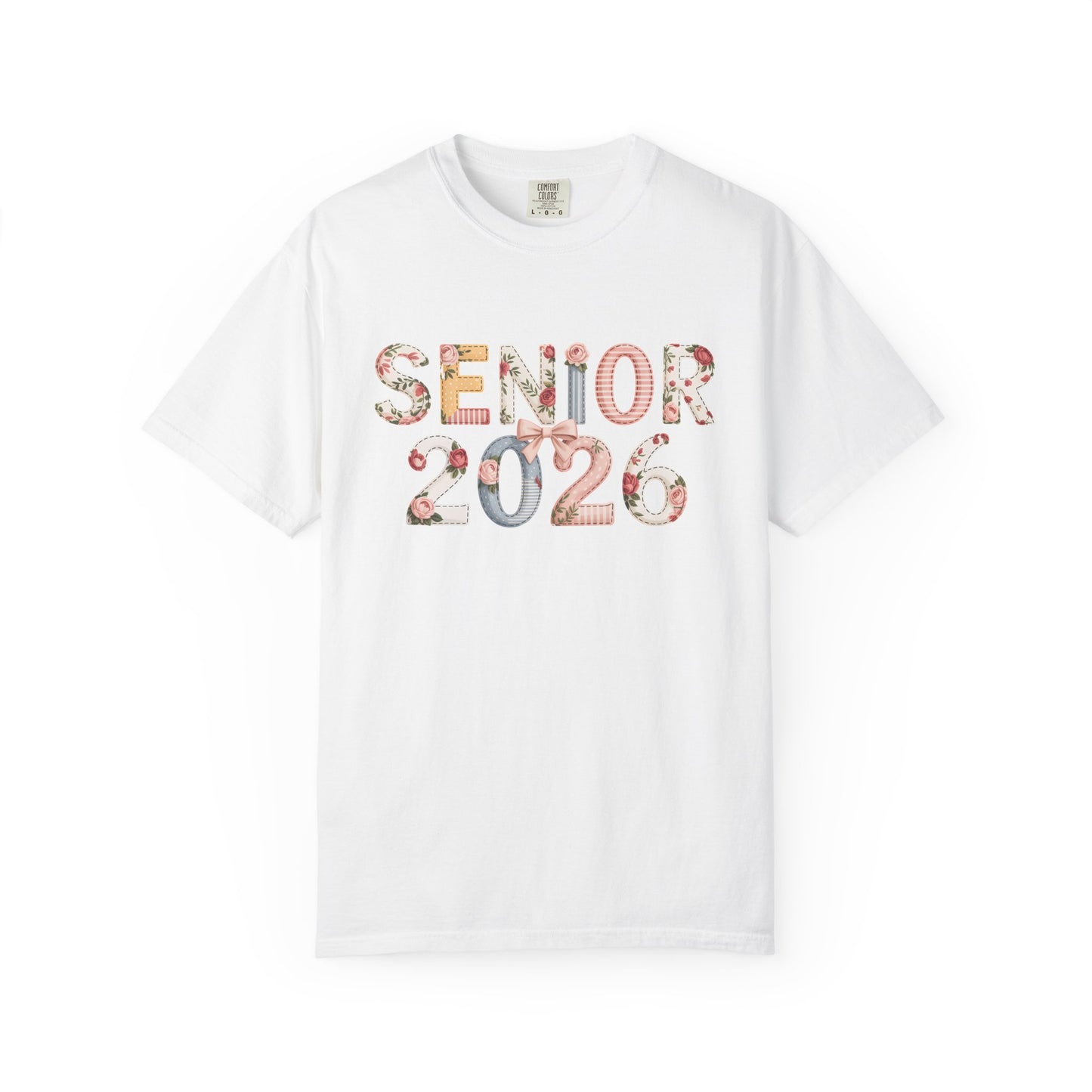 White t-shirt with 'Senior 2026' text on a white background