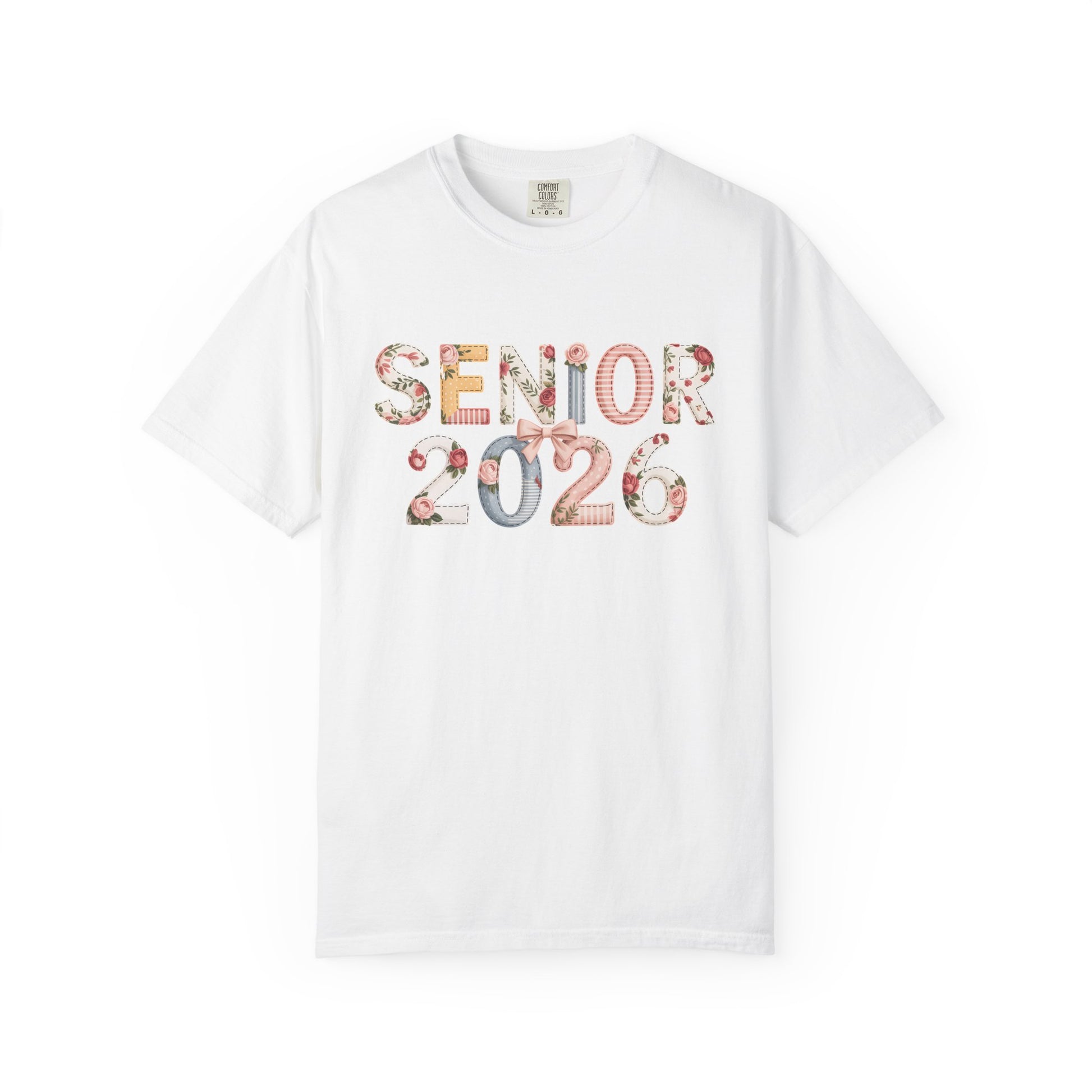 White t-shirt with 'Senior 2026' text on a white background