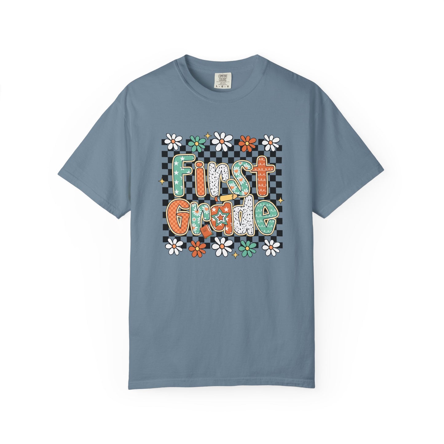 Fun First Grade T-Shirt, Cute Back to School Shirt, Gift for Kids, Unisex Tee, Flower and Checkered Design