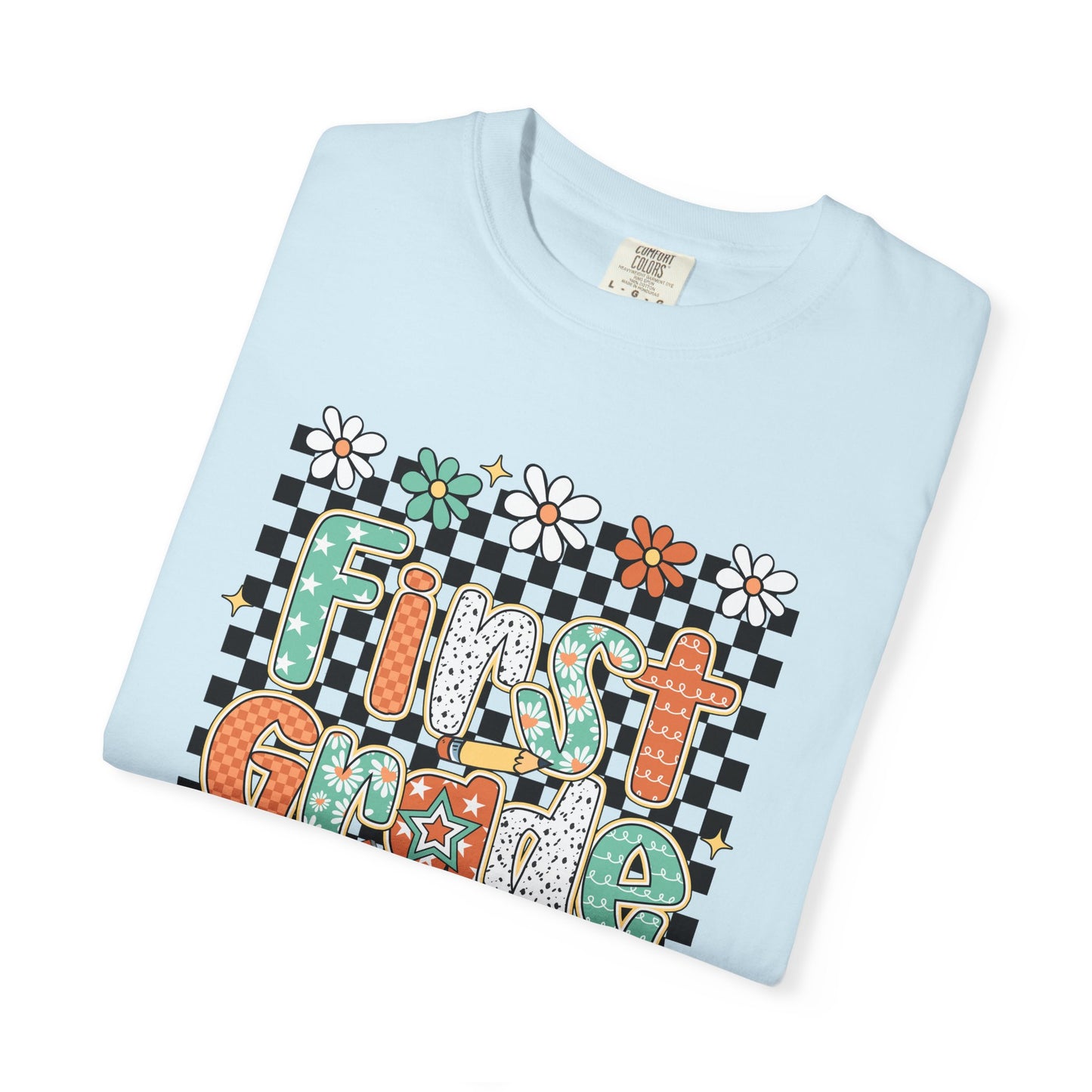 Fun First Grade T-Shirt, Cute Back to School Shirt, Gift for Kids, Unisex Tee, Flower and Checkered Design