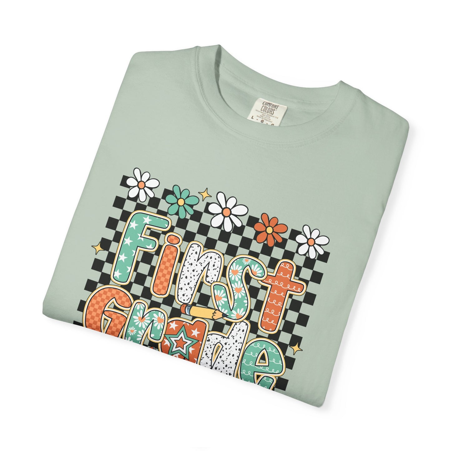 Fun First Grade T-Shirt, Cute Back to School Shirt, Gift for Kids, Unisex Tee, Flower and Checkered Design