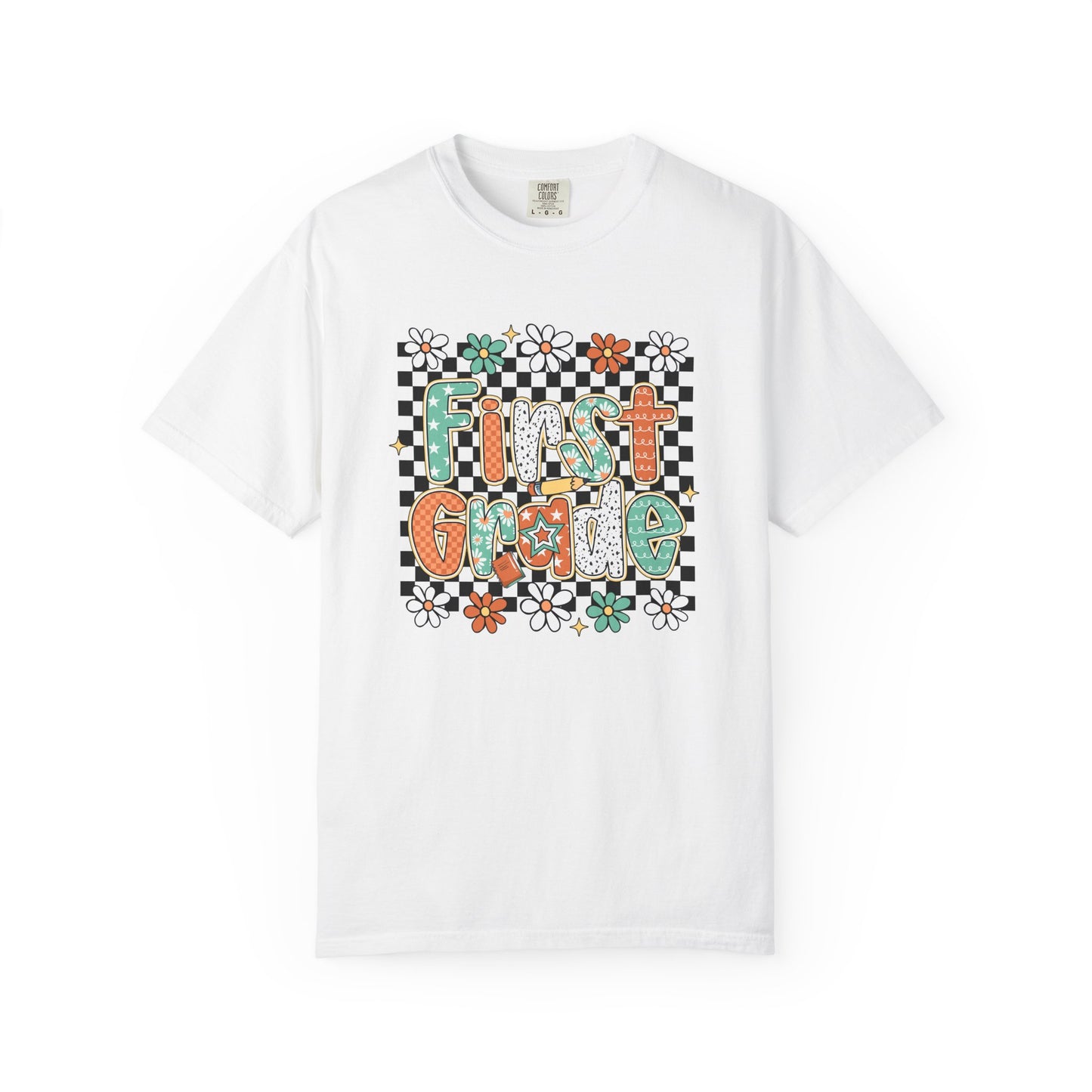 White t-shirt with 'First Grade' design on a white background