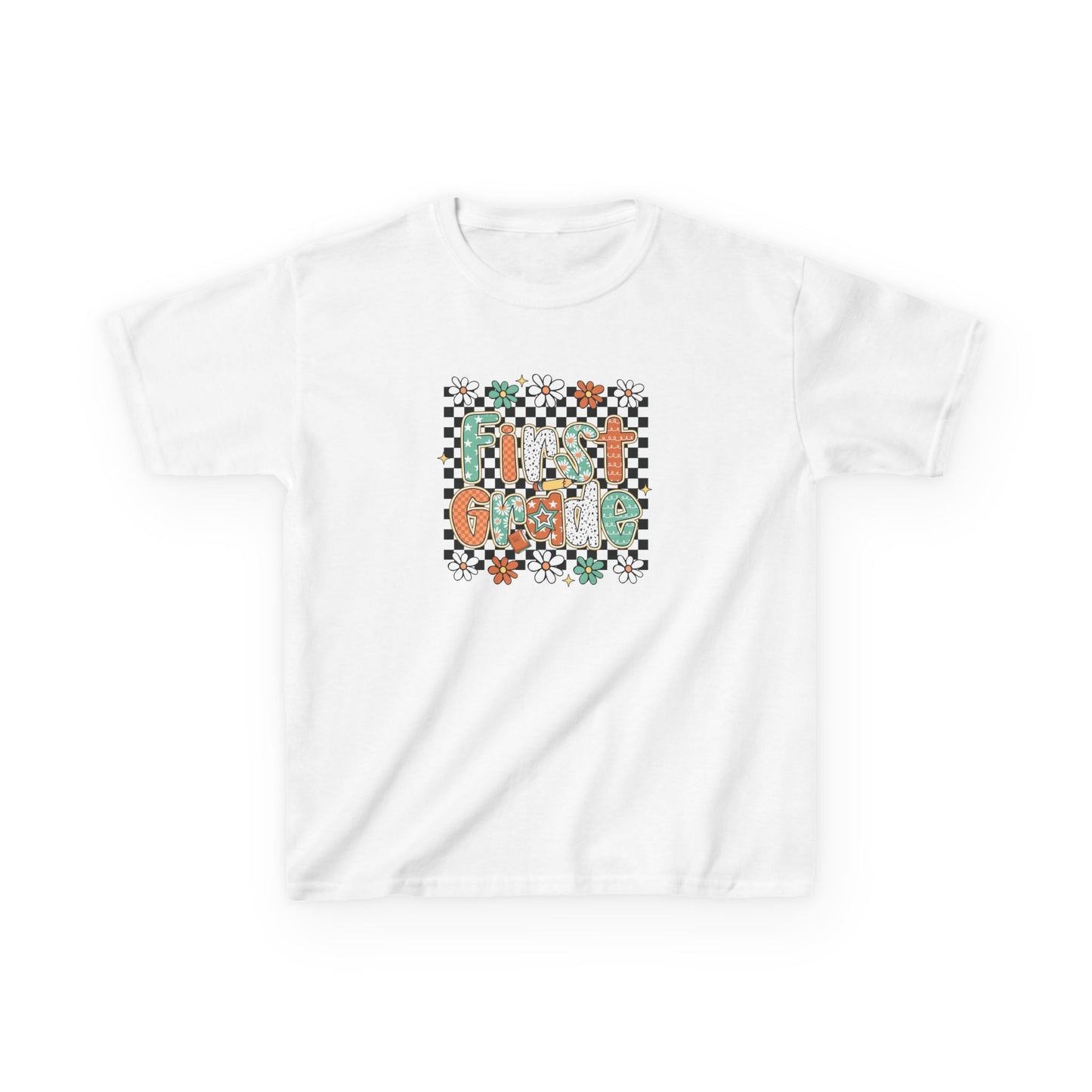 White t-shirt with a colorful 'First Girl' graphic on a white background