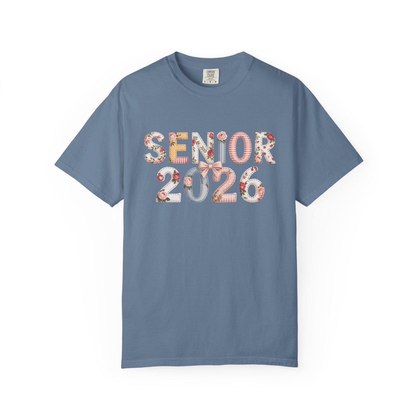 Blue t-shirt with 'Senior 2026' text on a white background