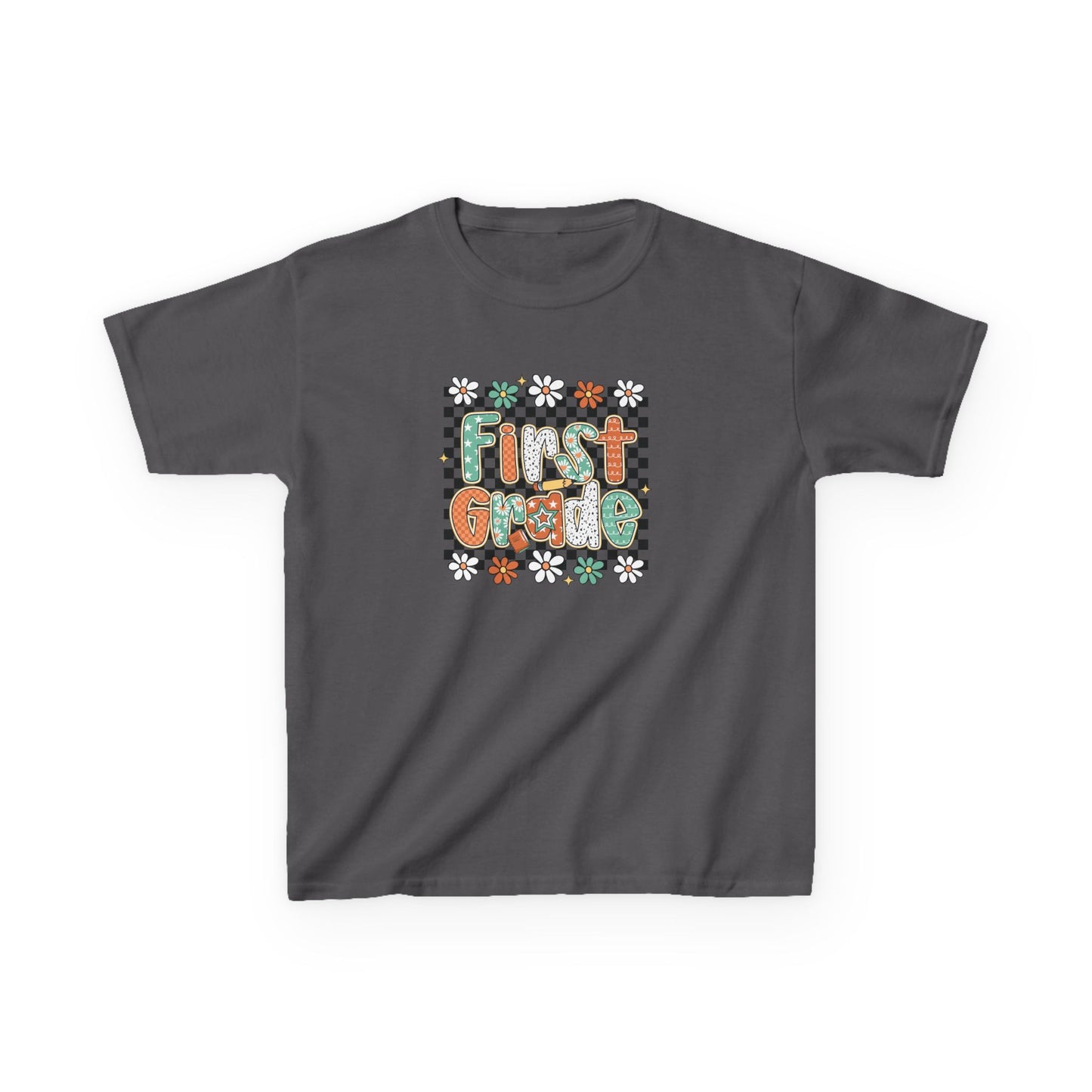 Gray t-shirt with 'First Grade' text and floral design on a white background
