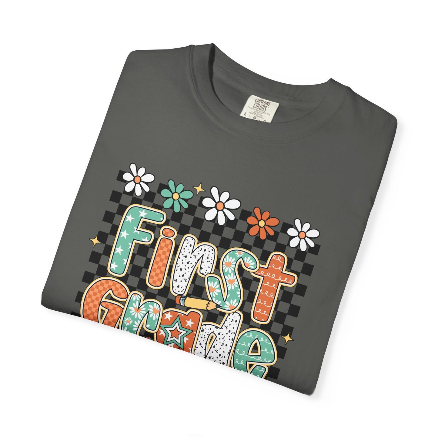 Fun First Grade T-Shirt, Cute Back to School Shirt, Gift for Kids, Unisex Tee, Flower and Checkered Design