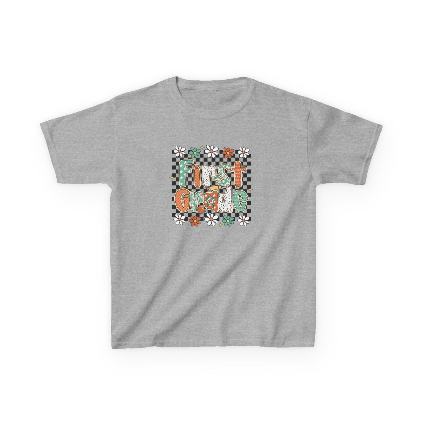 Gray t-shirt with 'First Grade' design on a white background