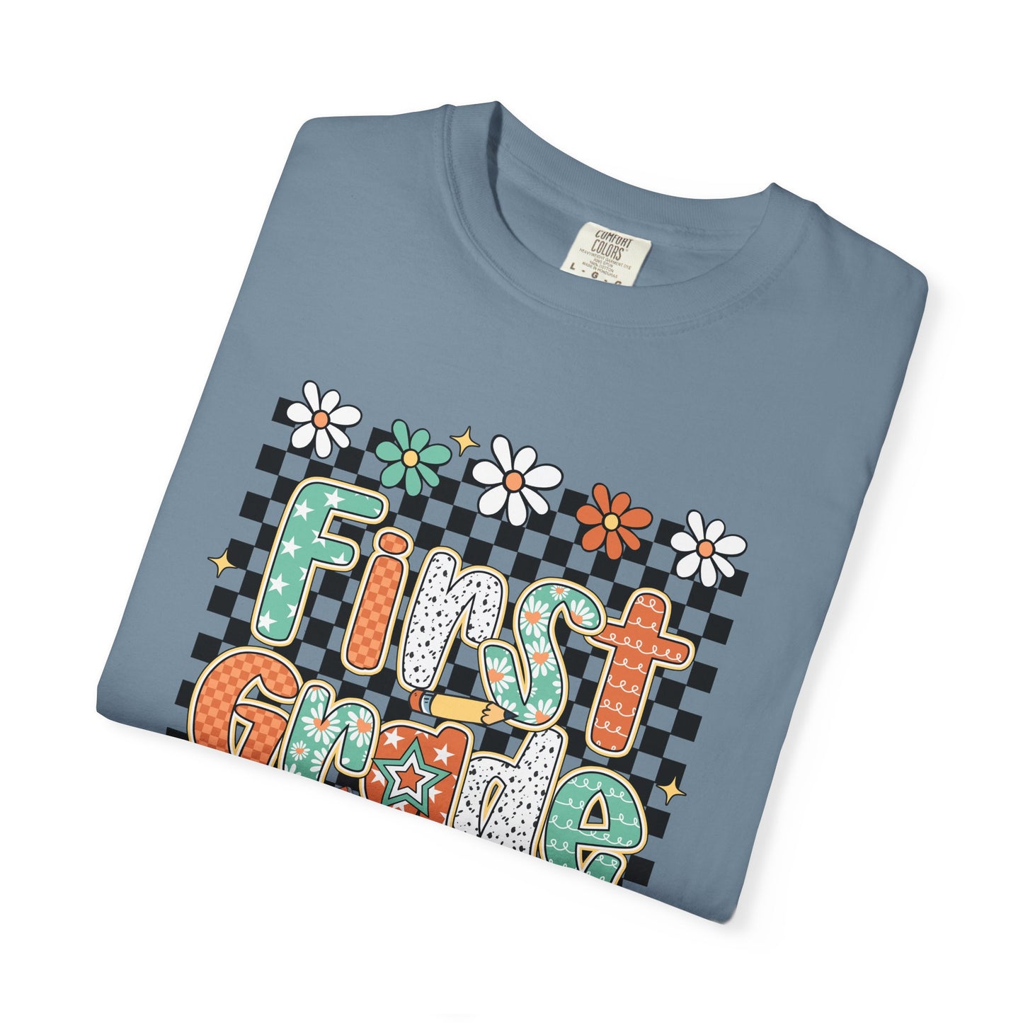 Fun First Grade T-Shirt, Cute Back to School Shirt, Gift for Kids, Unisex Tee, Flower and Checkered Design