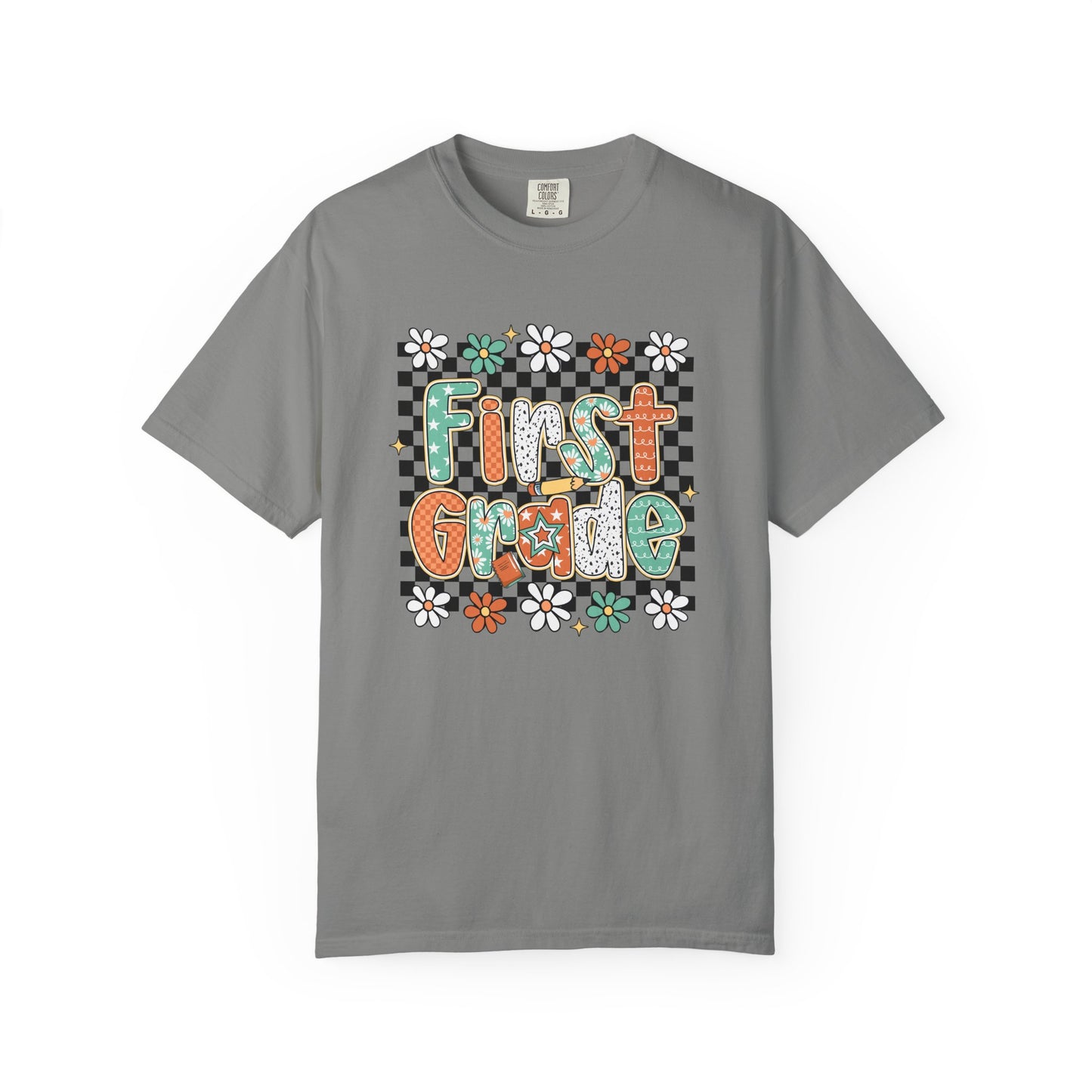 Fun First Grade T-Shirt, Cute Back to School Shirt, Gift for Kids, Unisex Tee, Flower and Checkered Design