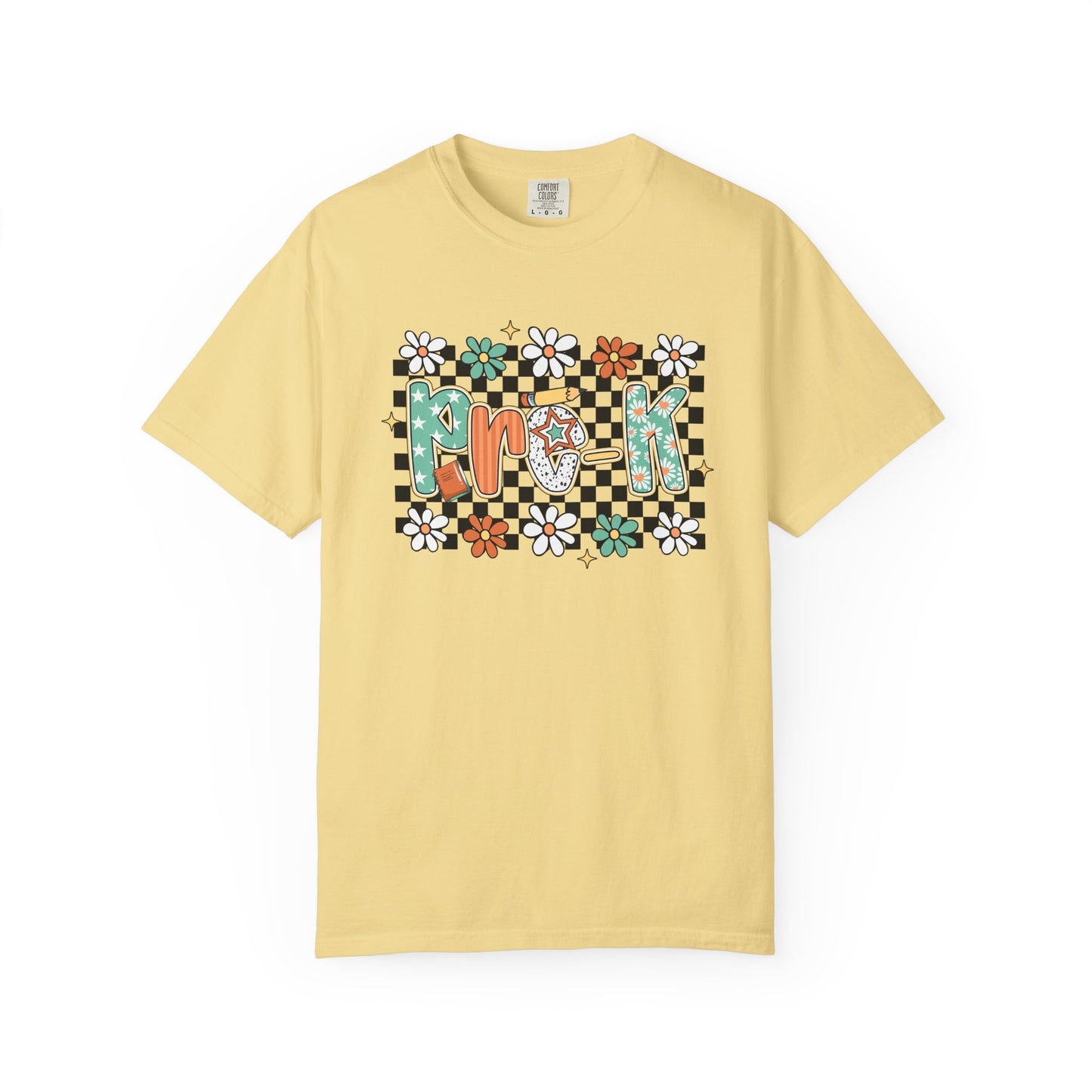 Yellow t-shirt with colorful graphic design on a white background