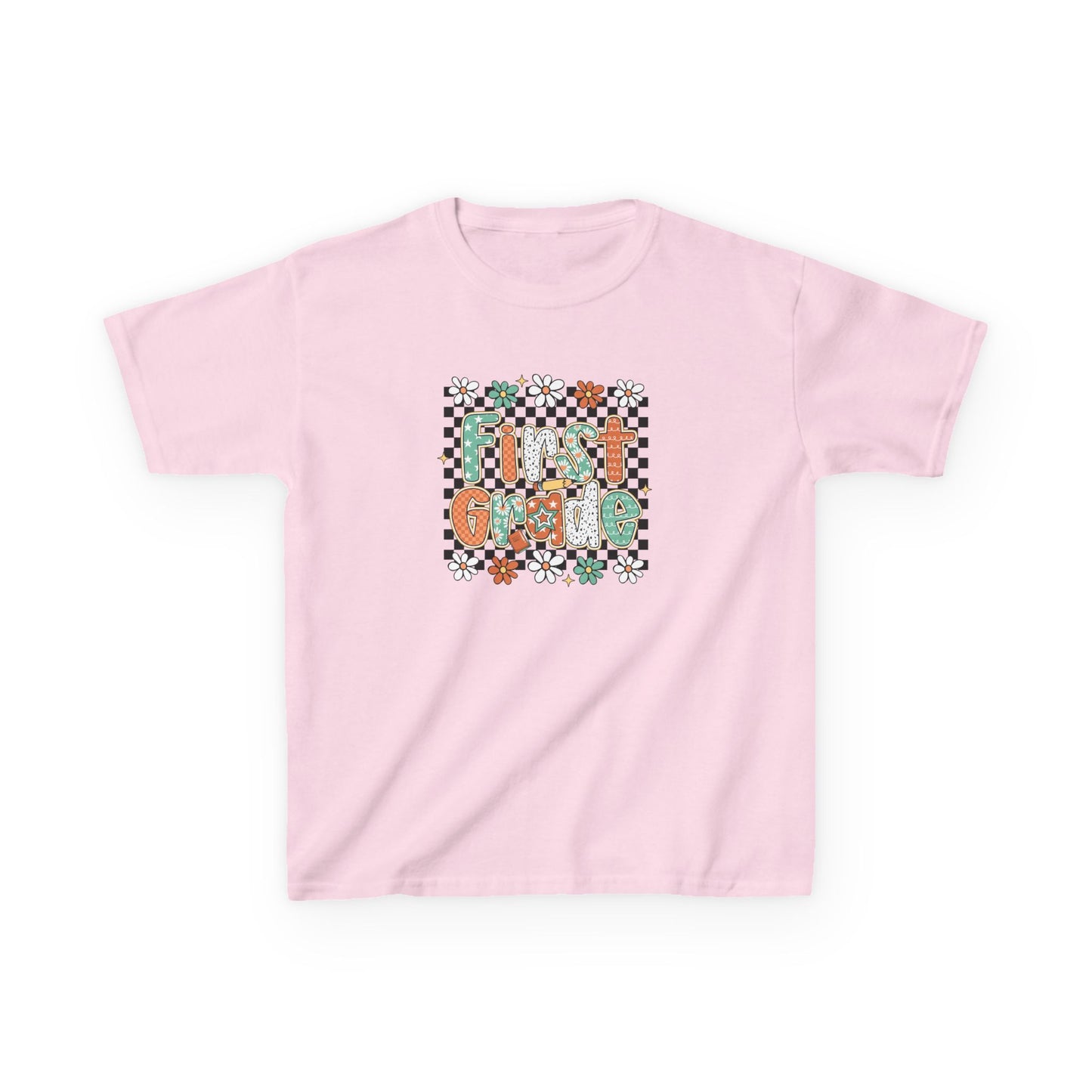 Pink t-shirt with a colorful 'First Dad' graphic on a white background