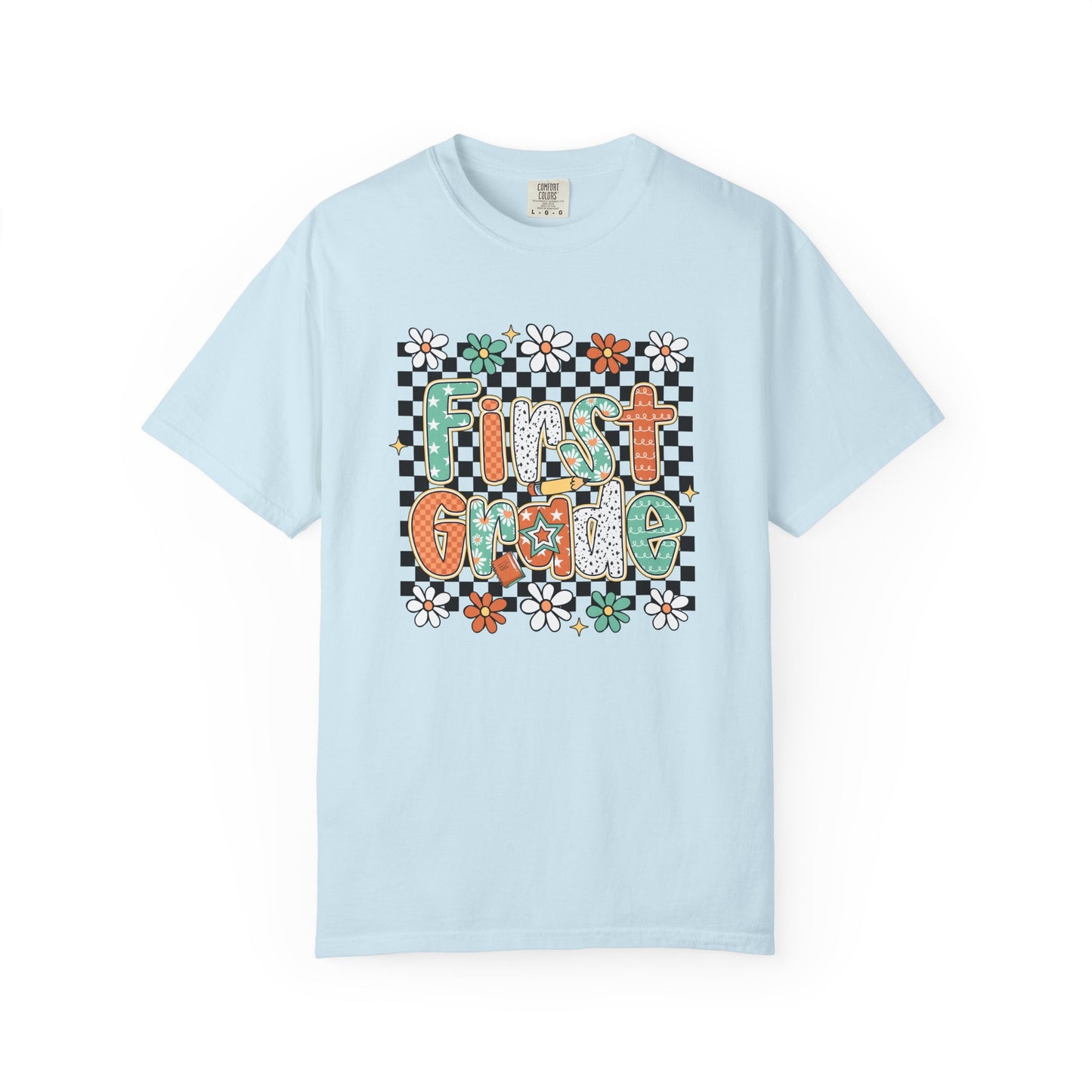 Fun First Grade T-Shirt, Cute Back to School Shirt, Gift for Kids, Unisex Tee, Flower and Checkered Design