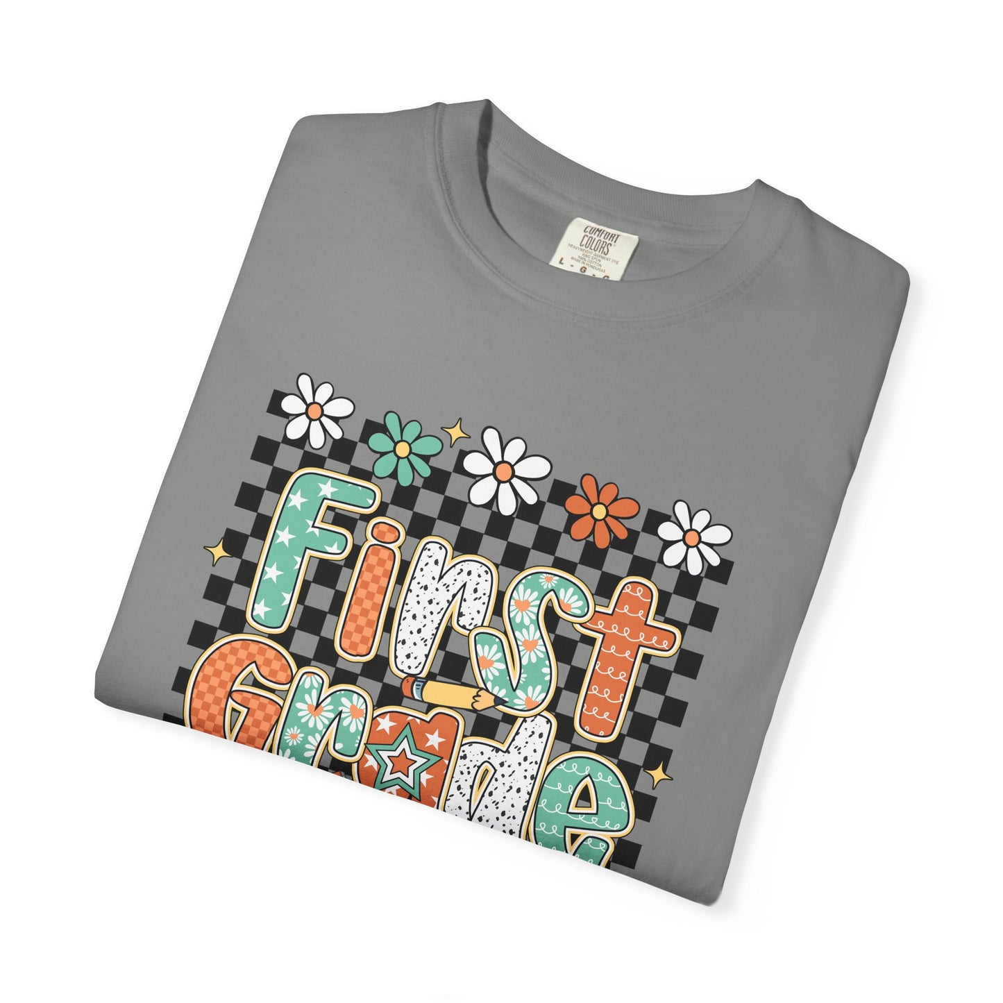 Fun First Grade T-Shirt, Cute Back to School Shirt, Gift for Kids, Unisex Tee, Flower and Checkered Design