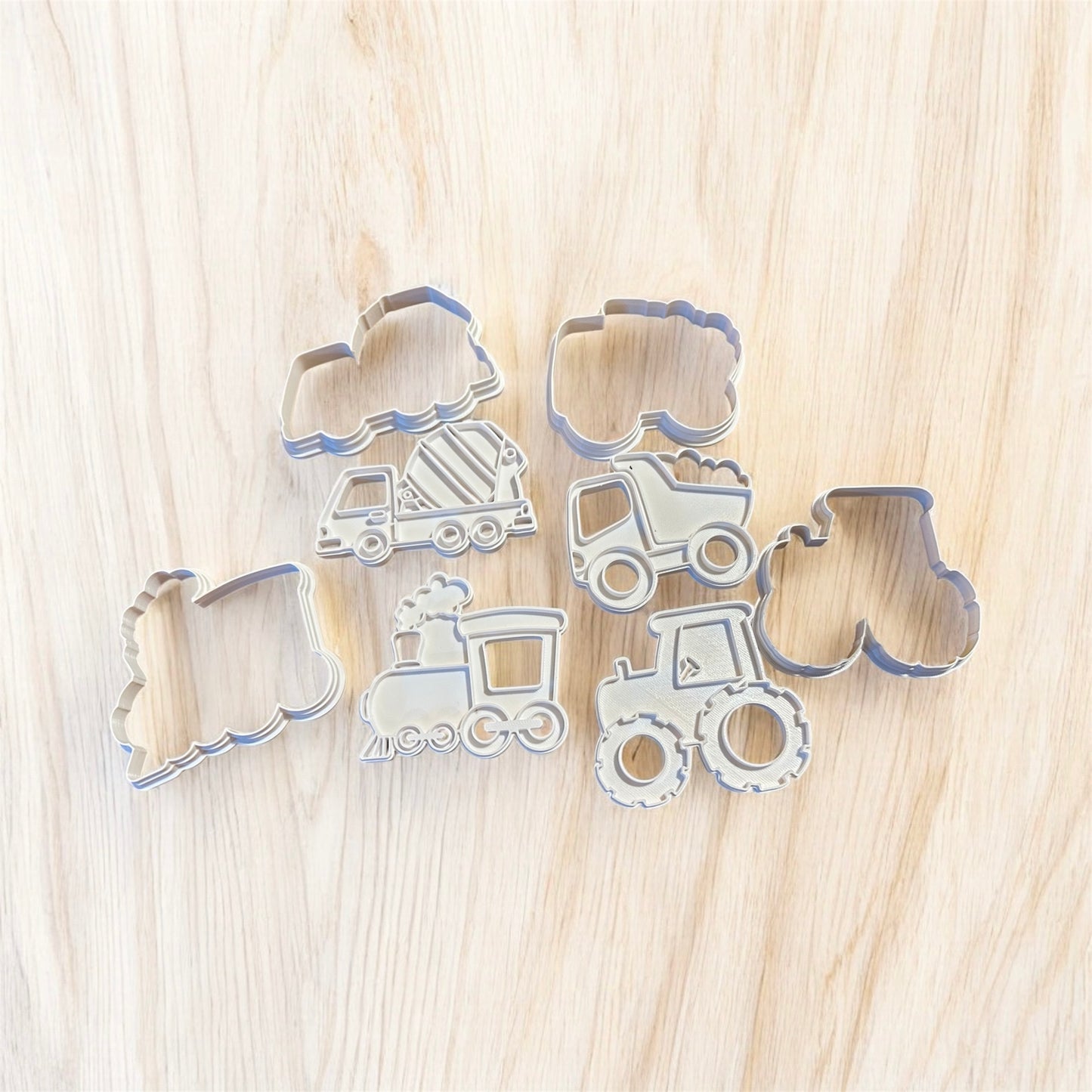 Vehicle cookie cutters, train cookie cutter, construction trucks cookie cutter