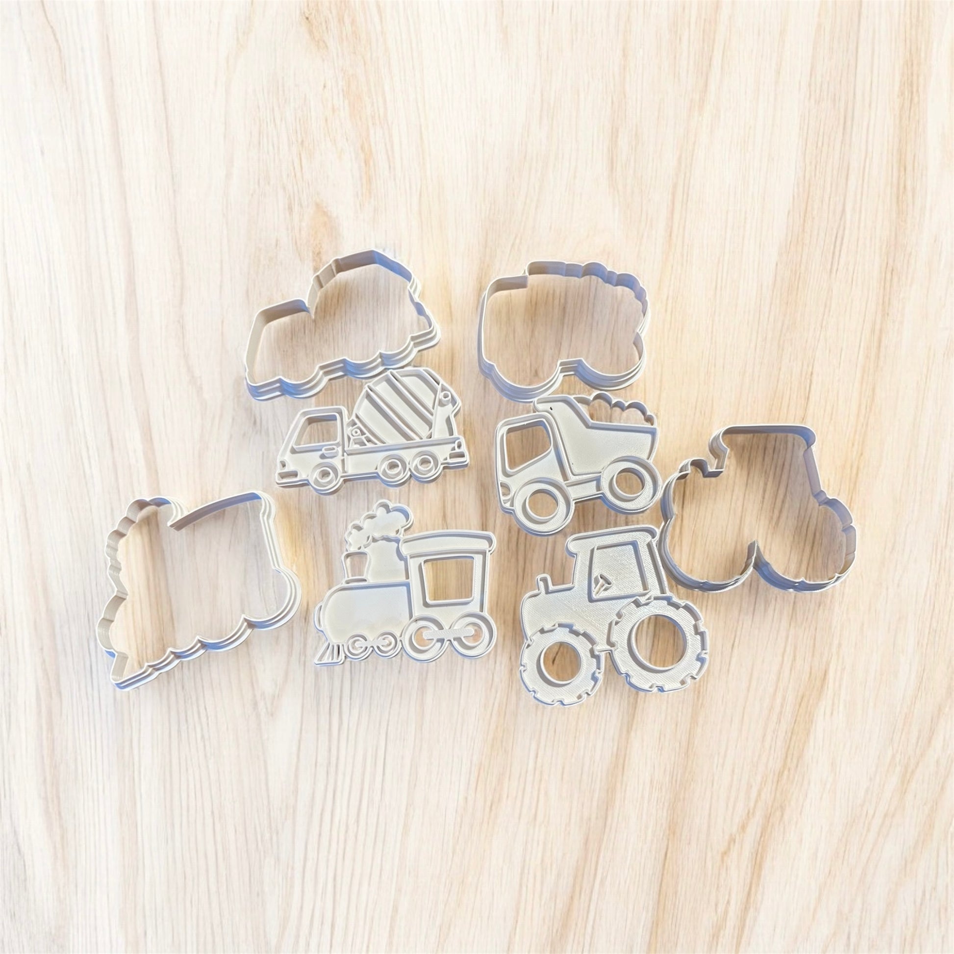 Vehicle cookie cutters, train cookie cutter, construction trucks cookie cutter