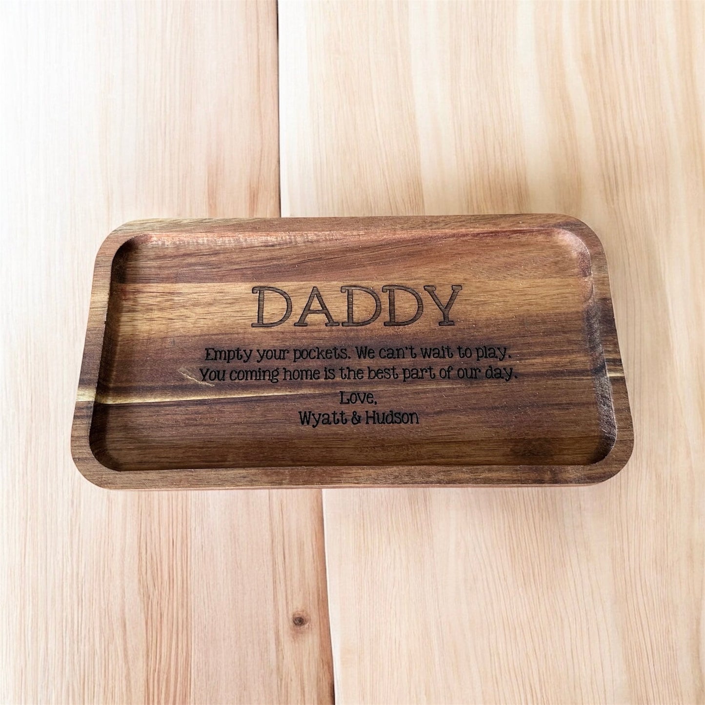 Personalized Acacia Wood Valet Tray, Decorative Catch All Organizer with Custom Engraving, Empty Your Pockets Daddy, Fathers Day, mom Gift, Grandparent Gift