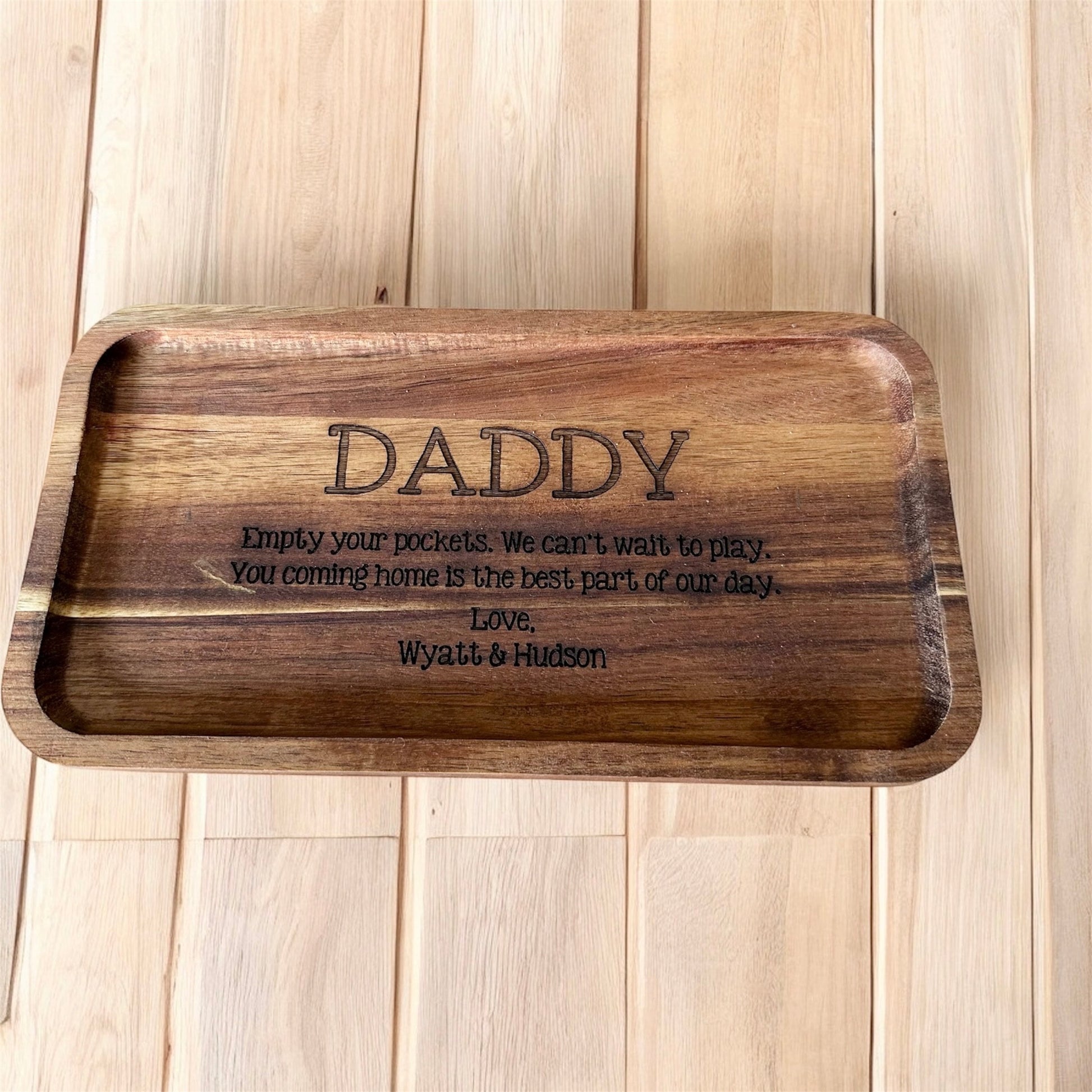 Personalized Acacia Wood Valet Tray, Decorative Catch All Organizer with Custom Engraving, Empty Your Pockets Daddy, Fathers Day, mom Gift, Grandparent Gift