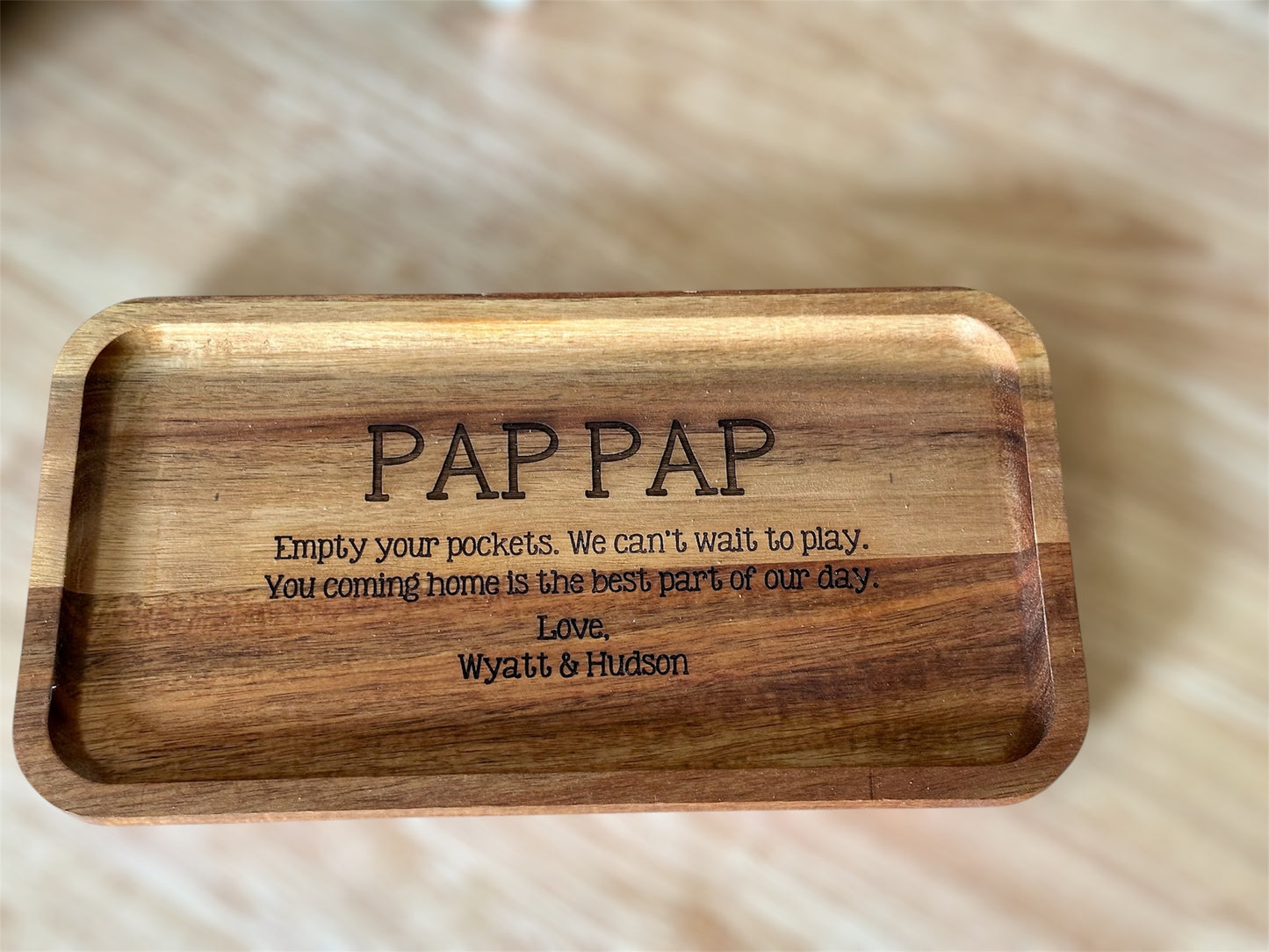 Personalized Acacia Wood Valet Tray, Decorative Catch All Organizer with Custom Engraving, Empty Your Pockets Daddy, Fathers Day, mom Gift, Grandparent Gift