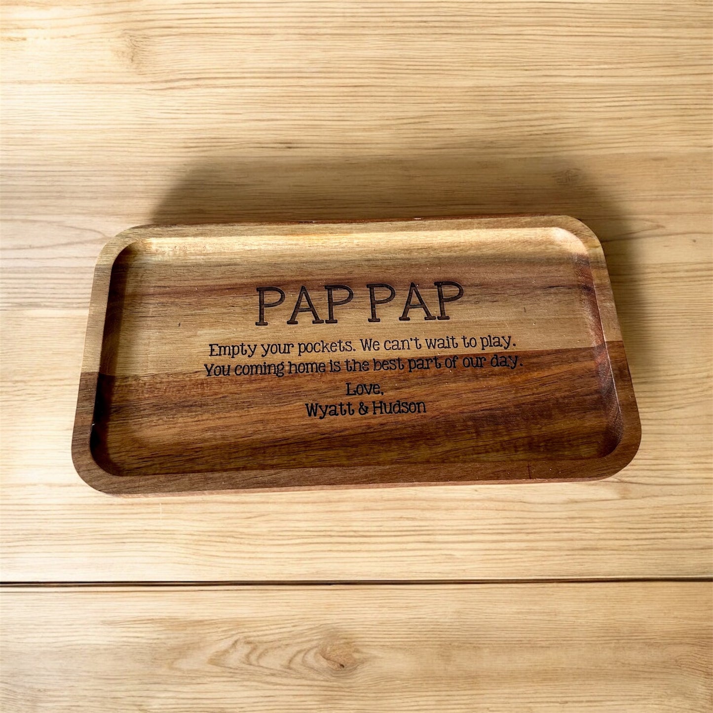 Personalized Acacia Wood Valet Tray, Decorative Catch All Organizer with Custom Engraving, Empty Your Pockets Daddy, Fathers Day, mom Gift, Grandparent Gift